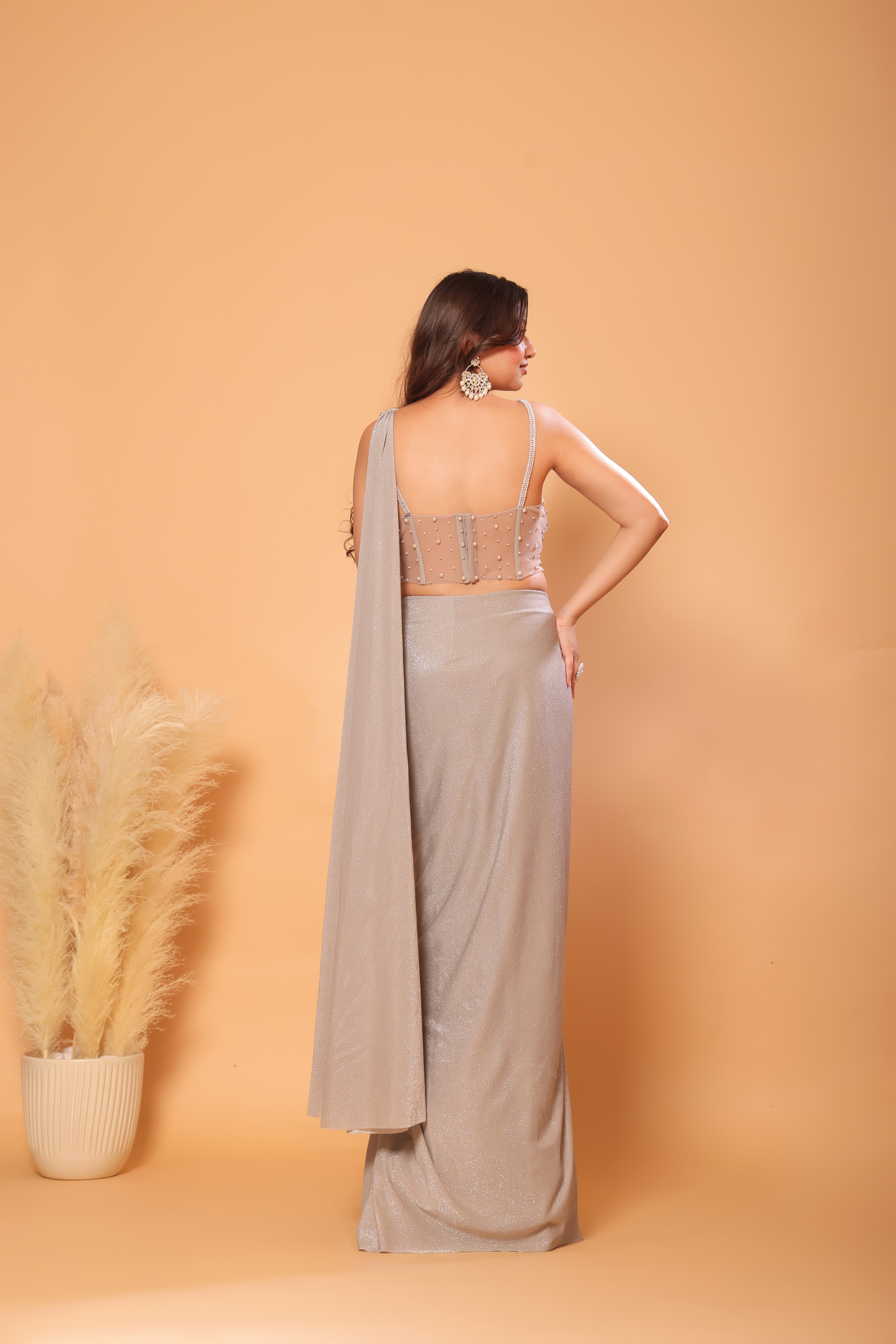 Silver Mist Shimmer Pre-draped Saree with Pearl Corset Blouse