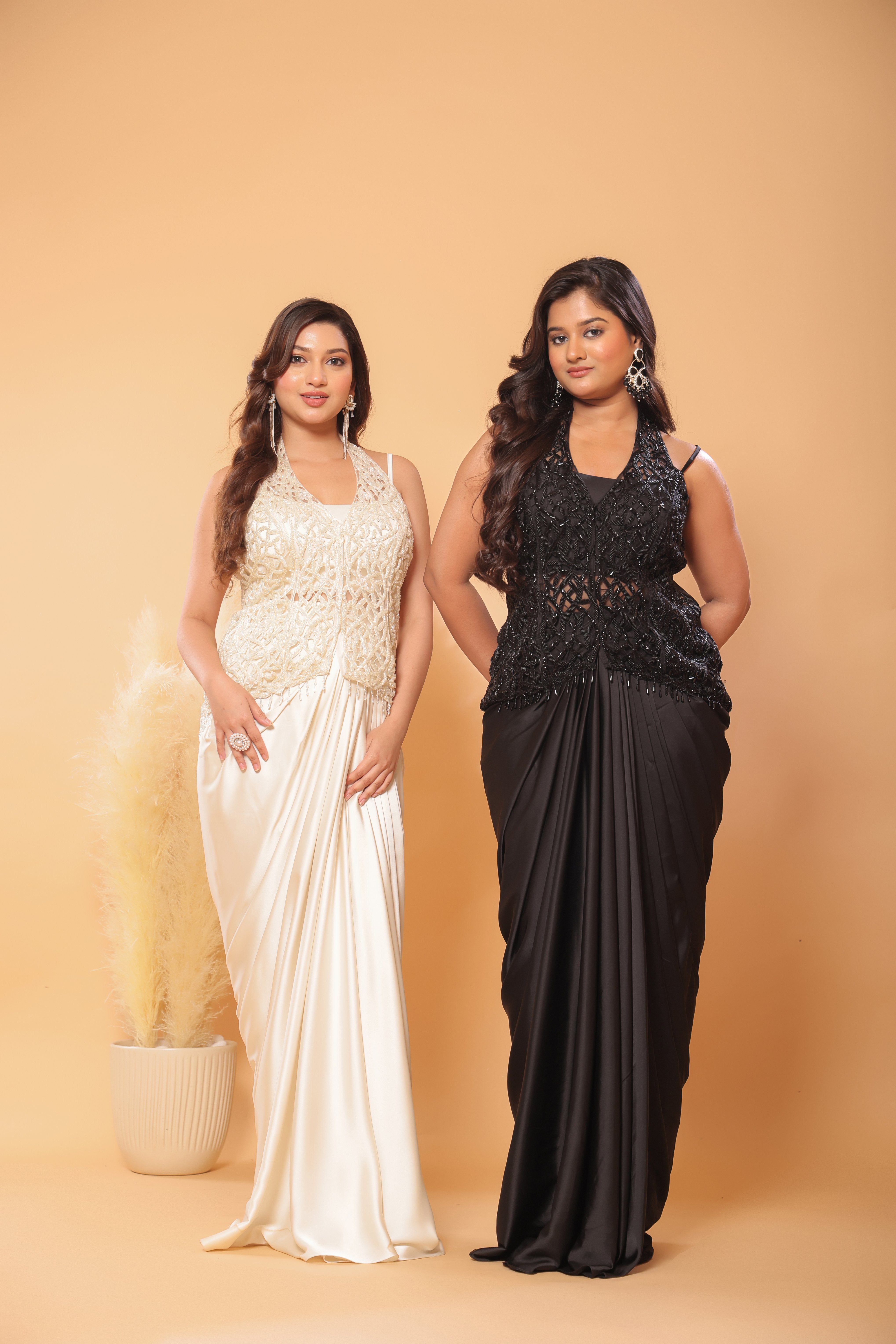 Lattice Embroidered Blouse & Draped Skirt Set