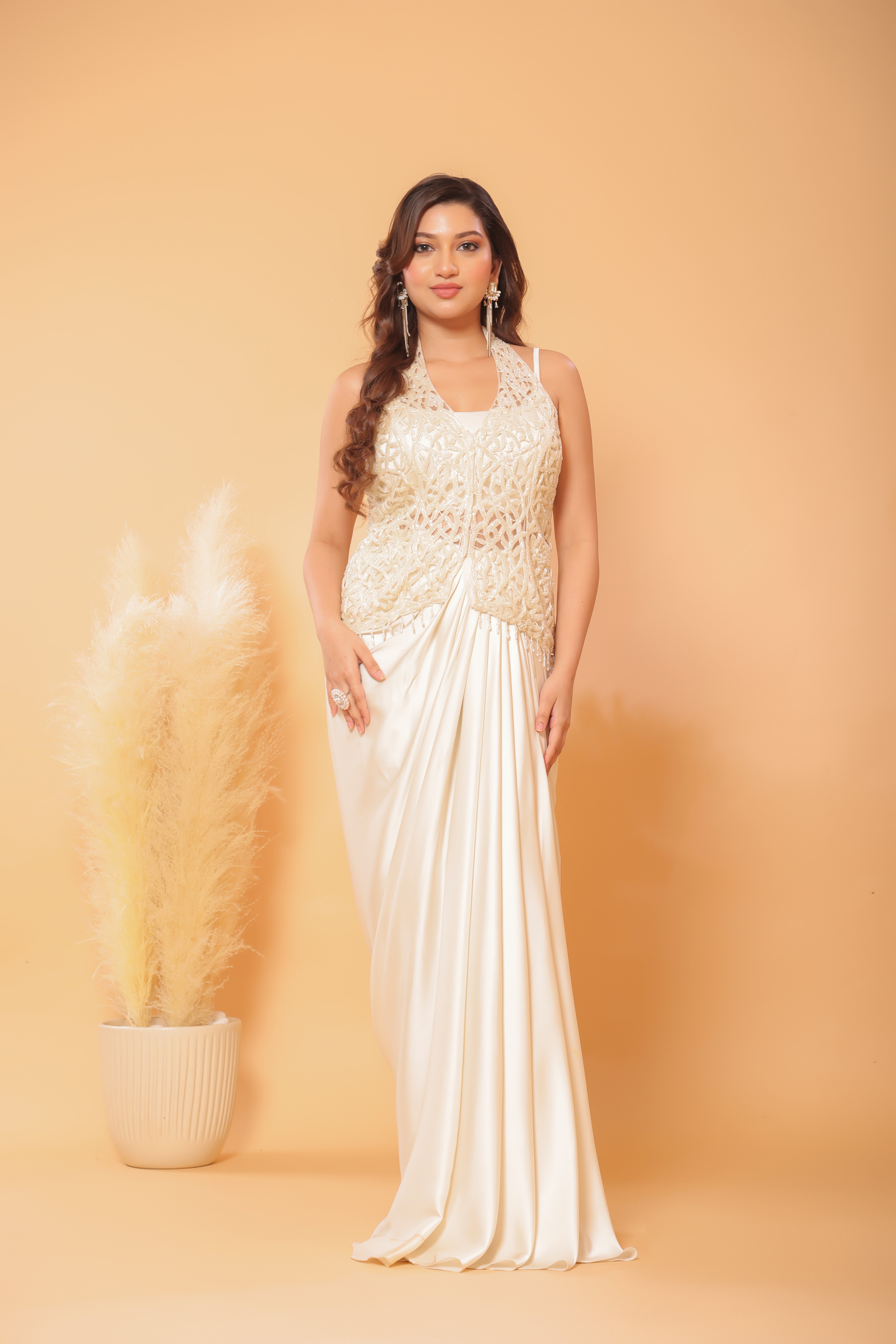 Lattice Embroidered Blouse & Draped Skirt Set