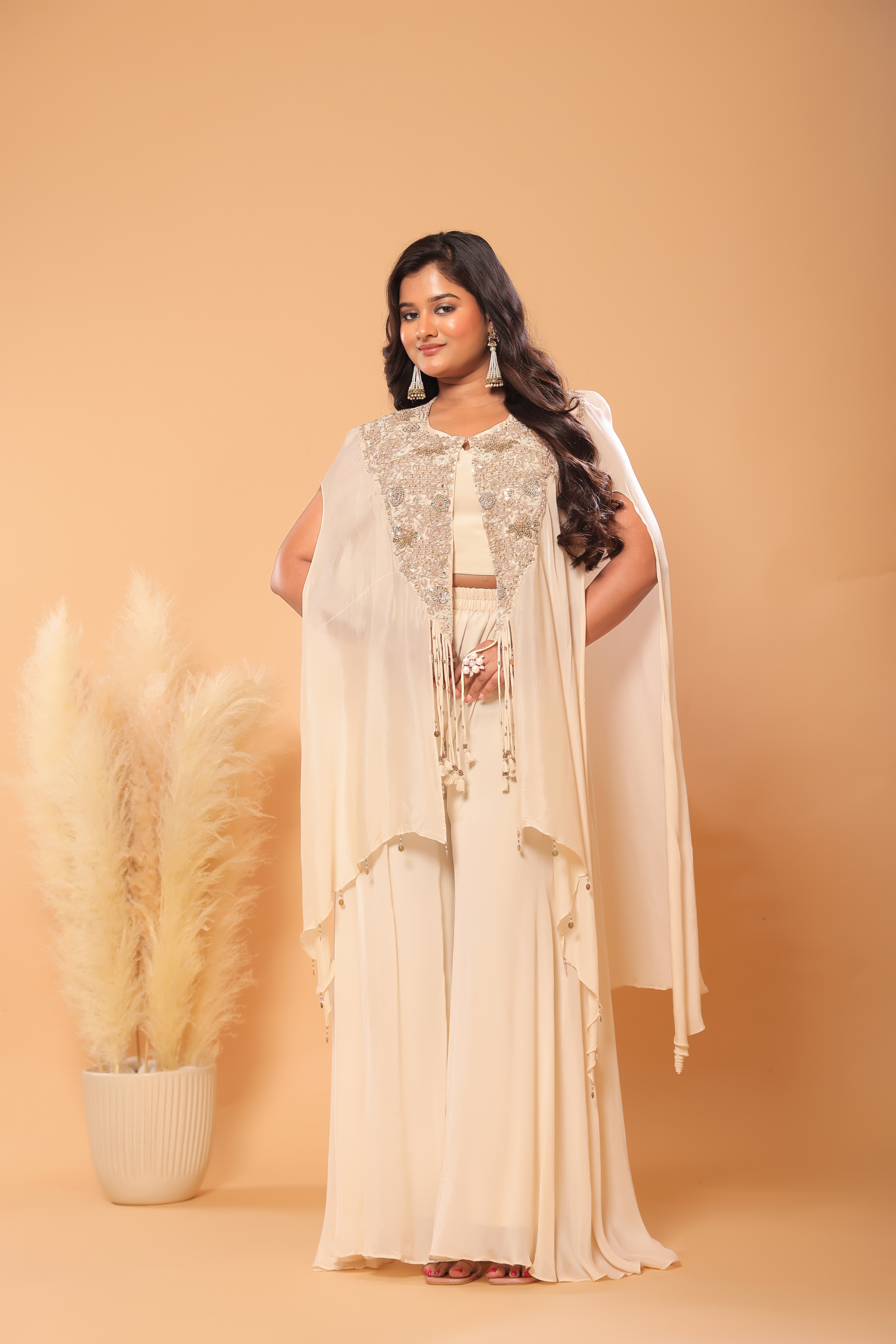 Ivory Floral Embroidered Cape & Palazzo Set