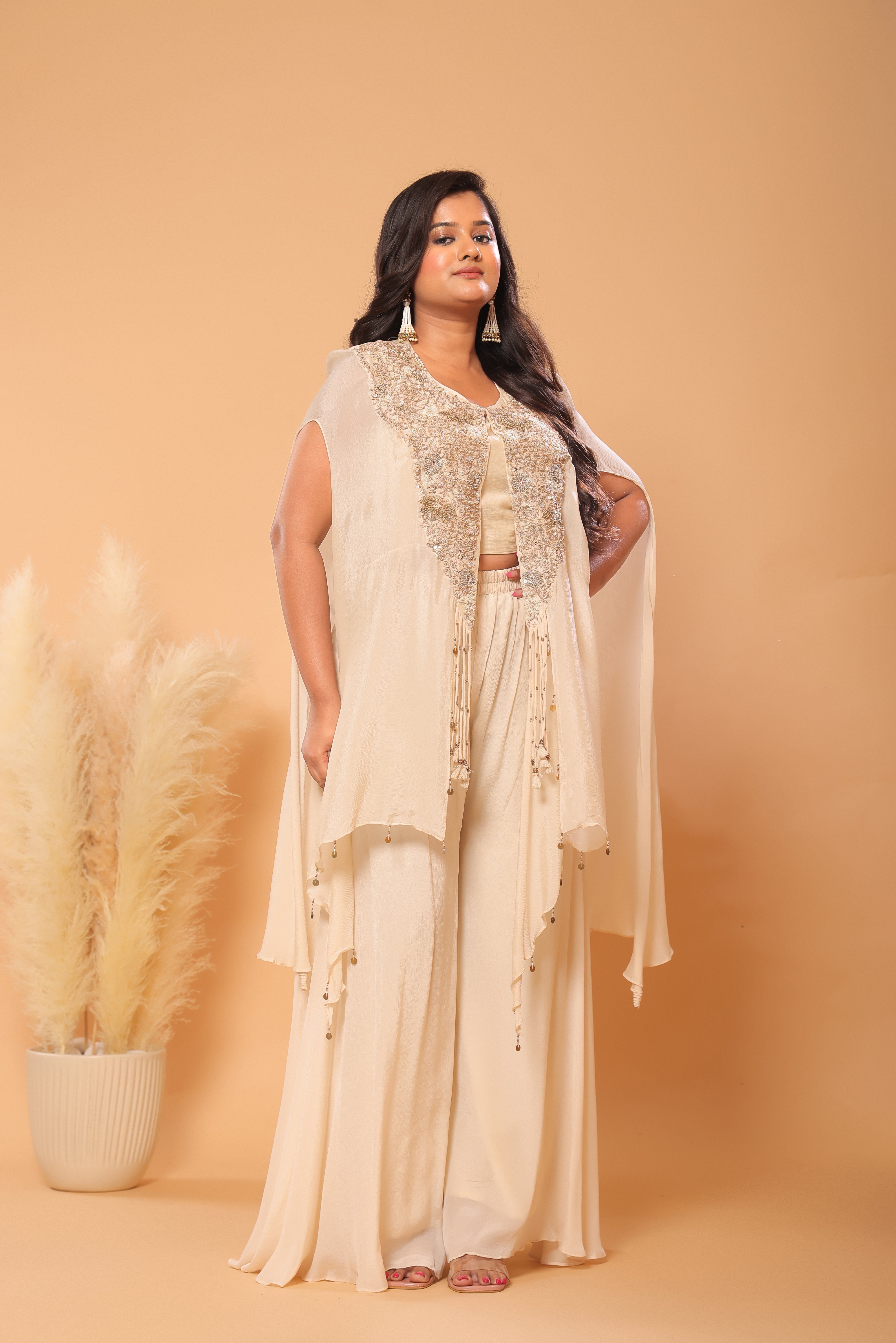Ivory Floral Embroidered Cape & Palazzo Set