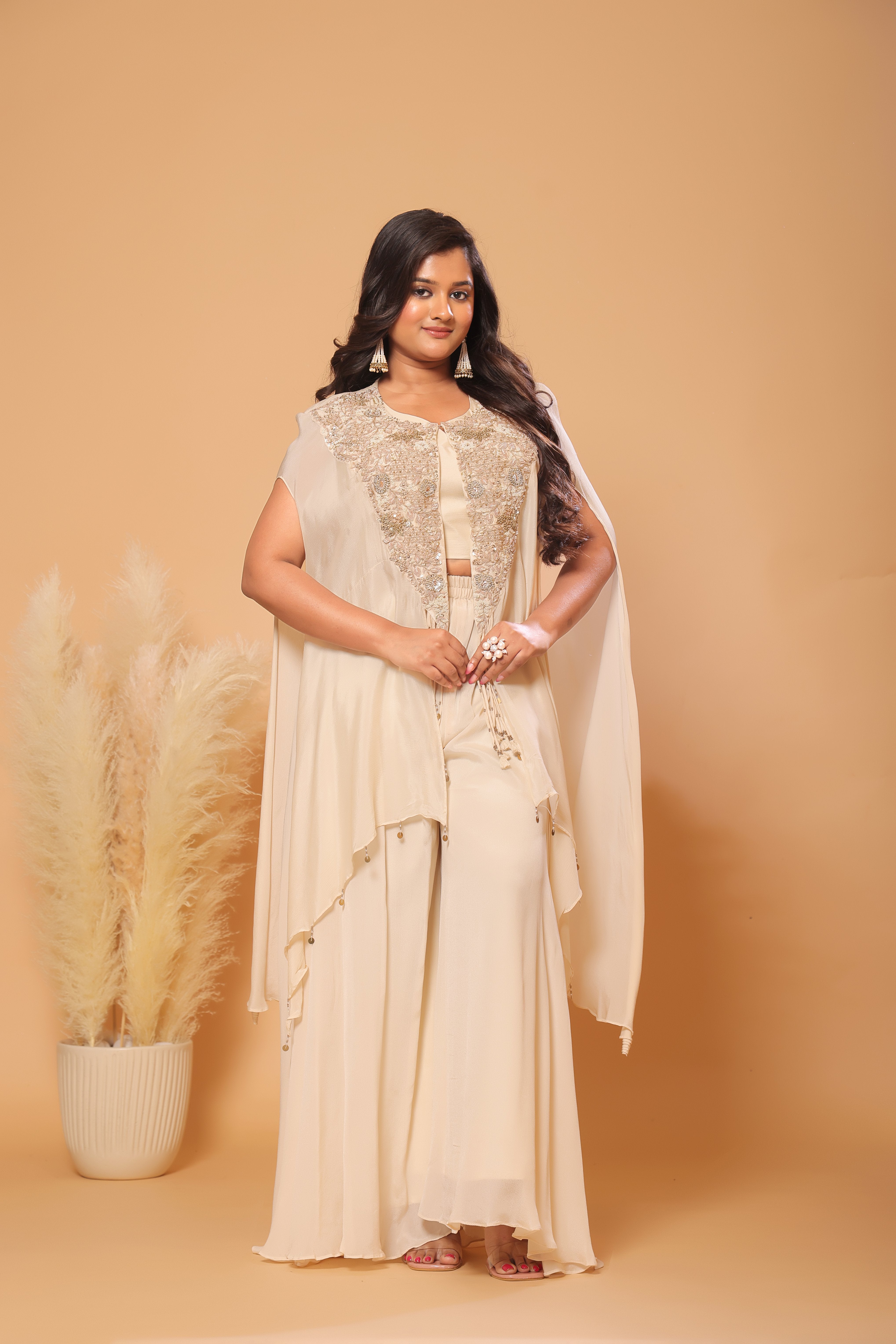 Ivory Floral Embroidered Cape & Palazzo Set