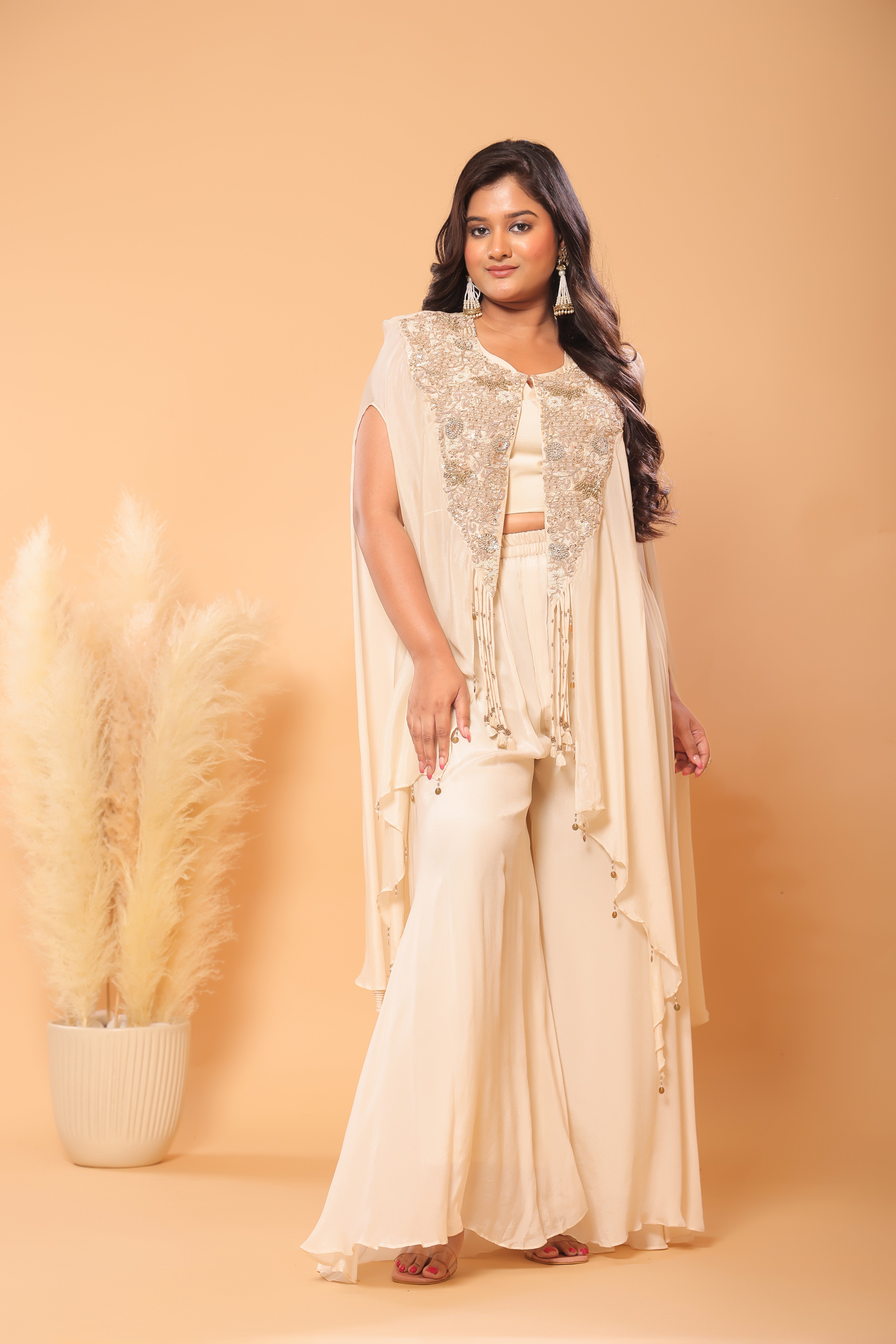 Ivory Floral Embroidered Cape & Palazzo Set
