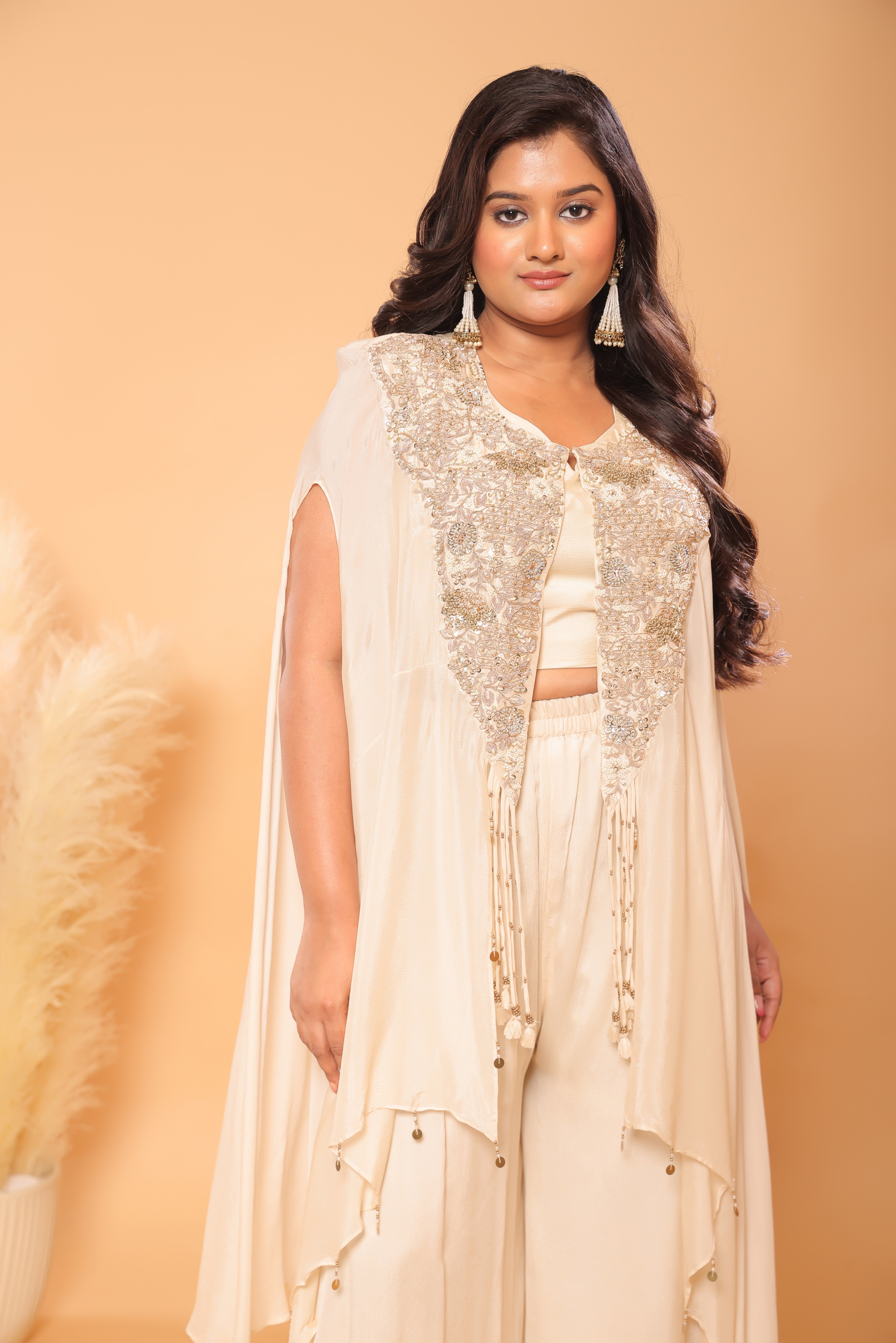 Ivory Floral Embroidered Cape & Palazzo Set