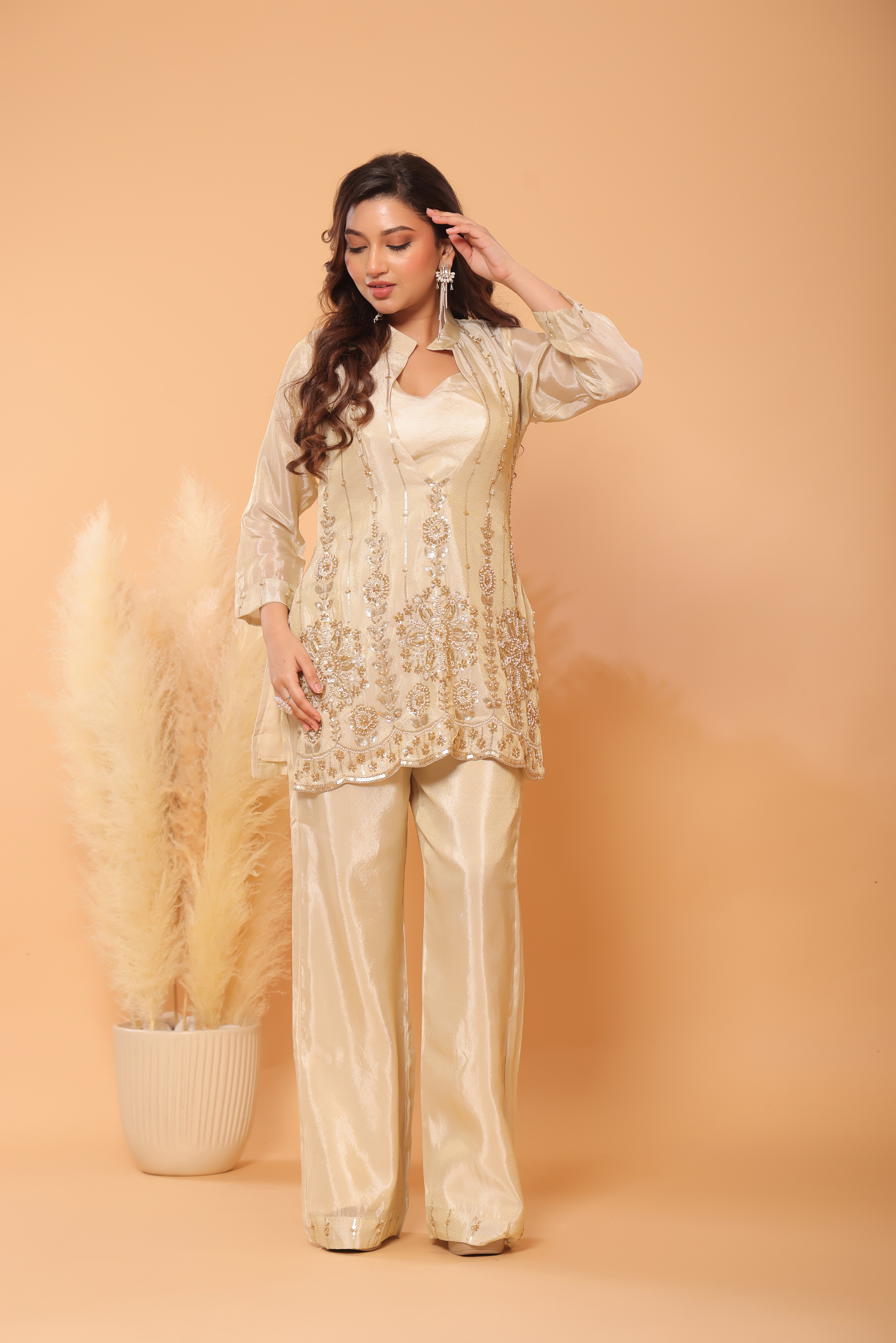 Ivory Sequin Embroidered Tunic & Palazzo Set