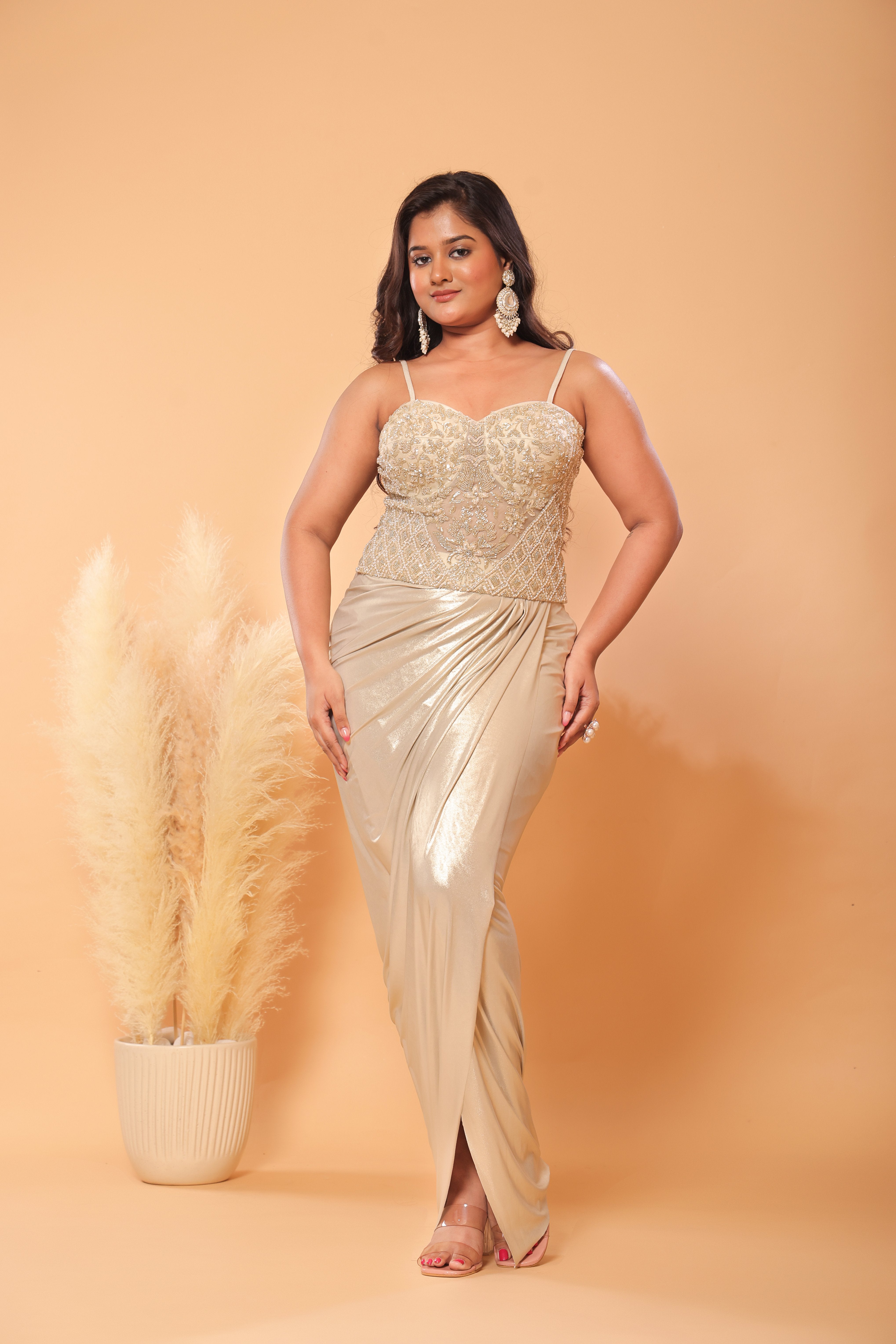 Gold Dust Embroidered Corset Draped Skirt With Cape