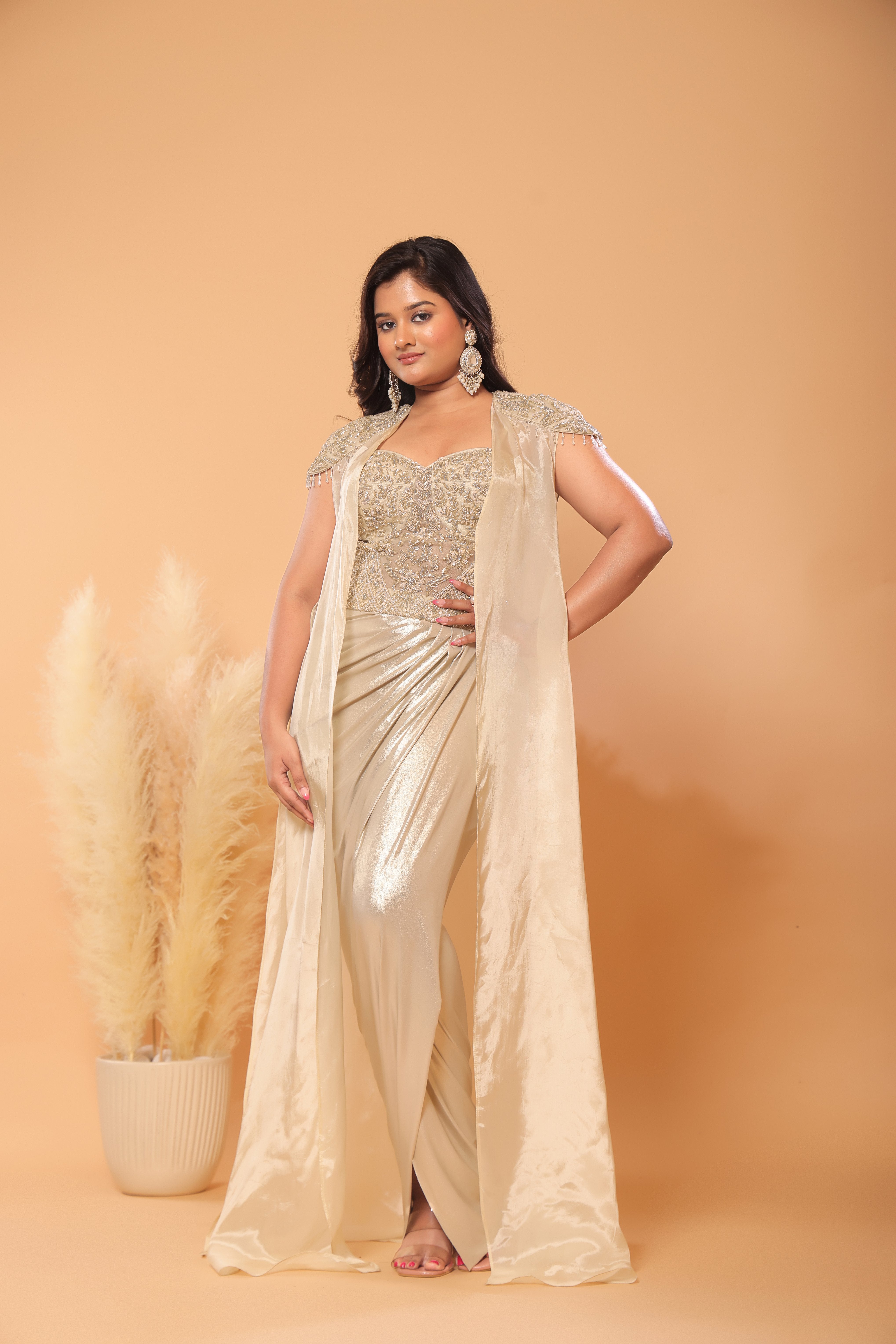 Gold Dust Embroidered Corset Draped Skirt With Cape