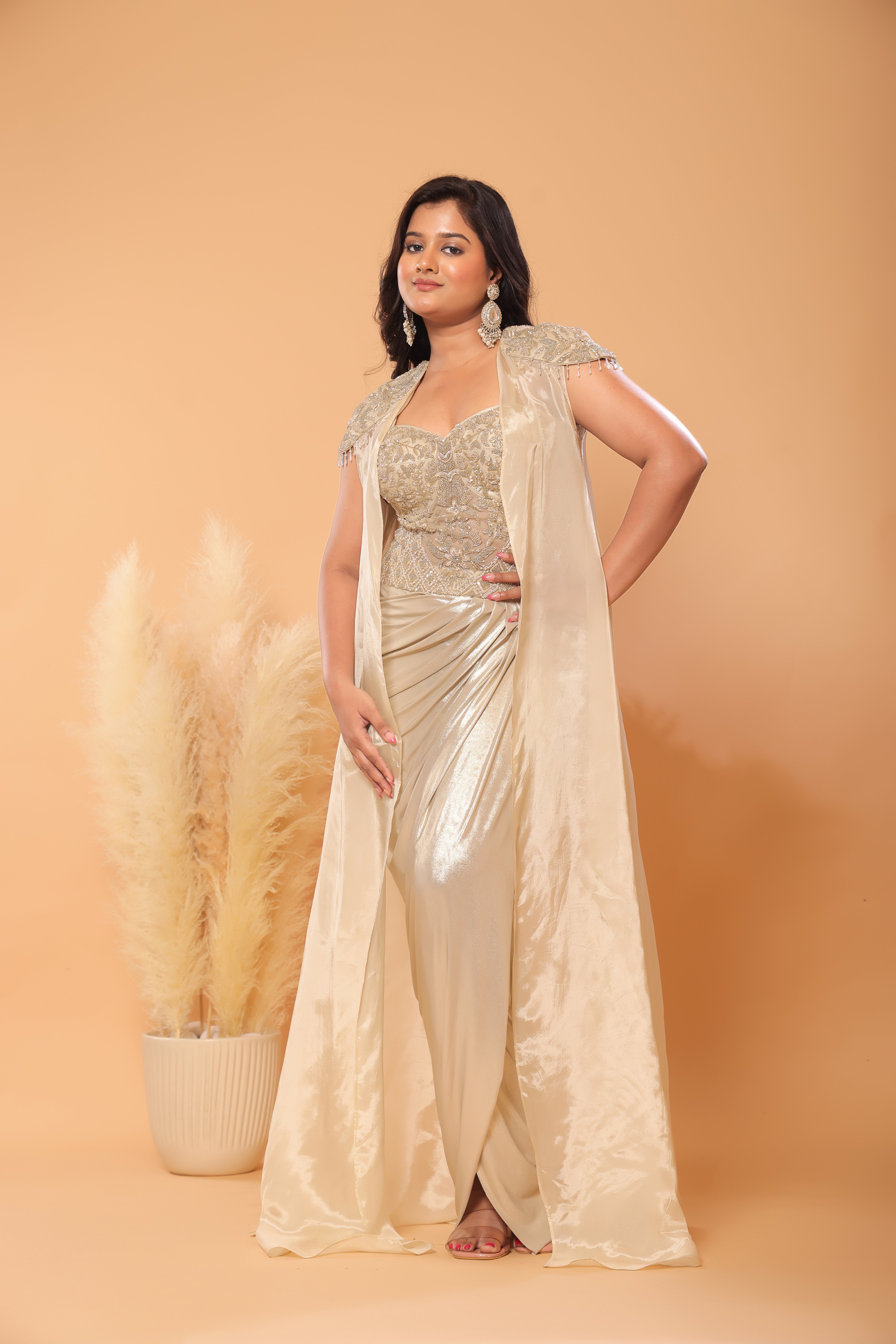 Gold Dust Embroidered Corset Draped Skirt With Cape