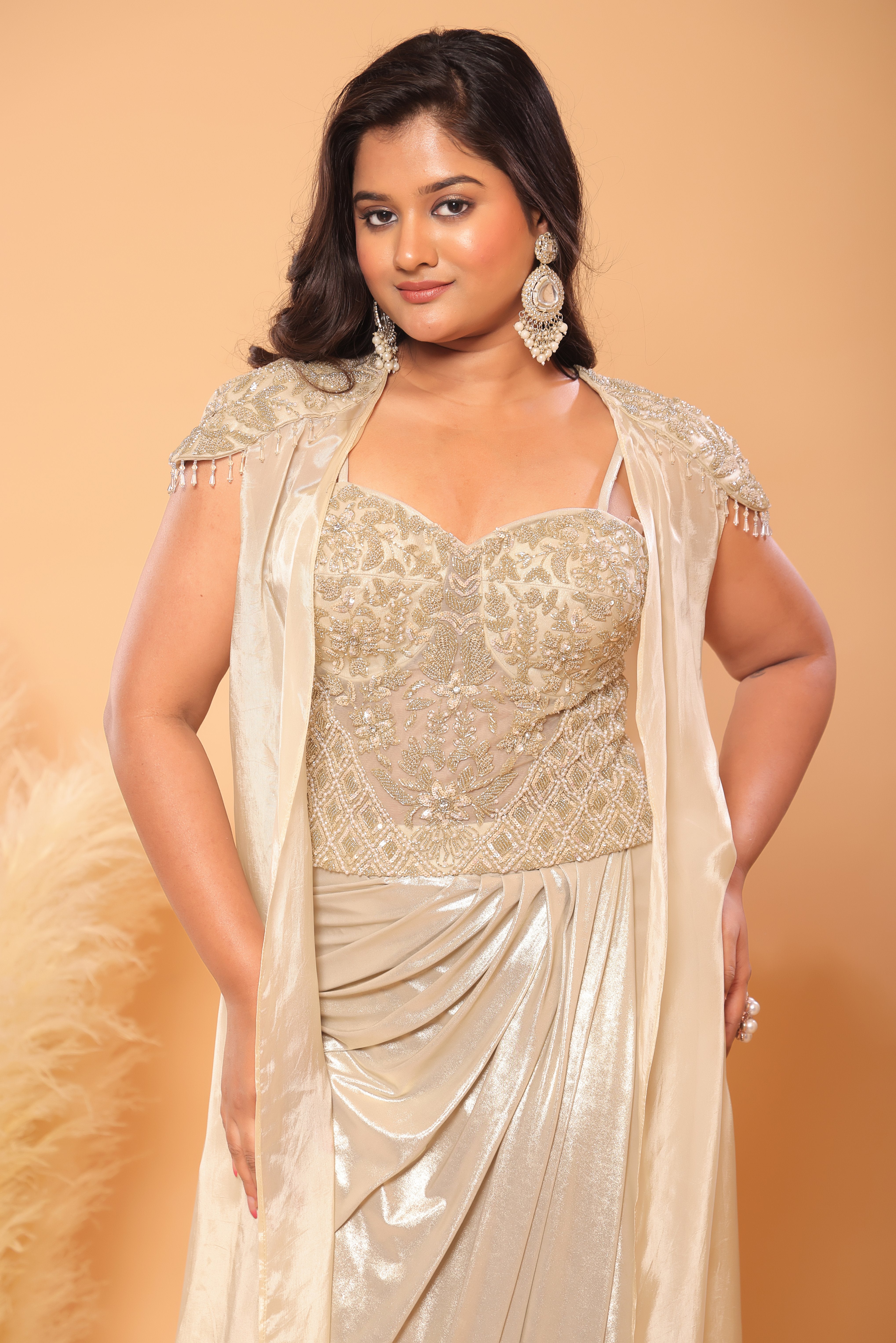 Gold Dust Embroidered Corset Draped Skirt With Cape