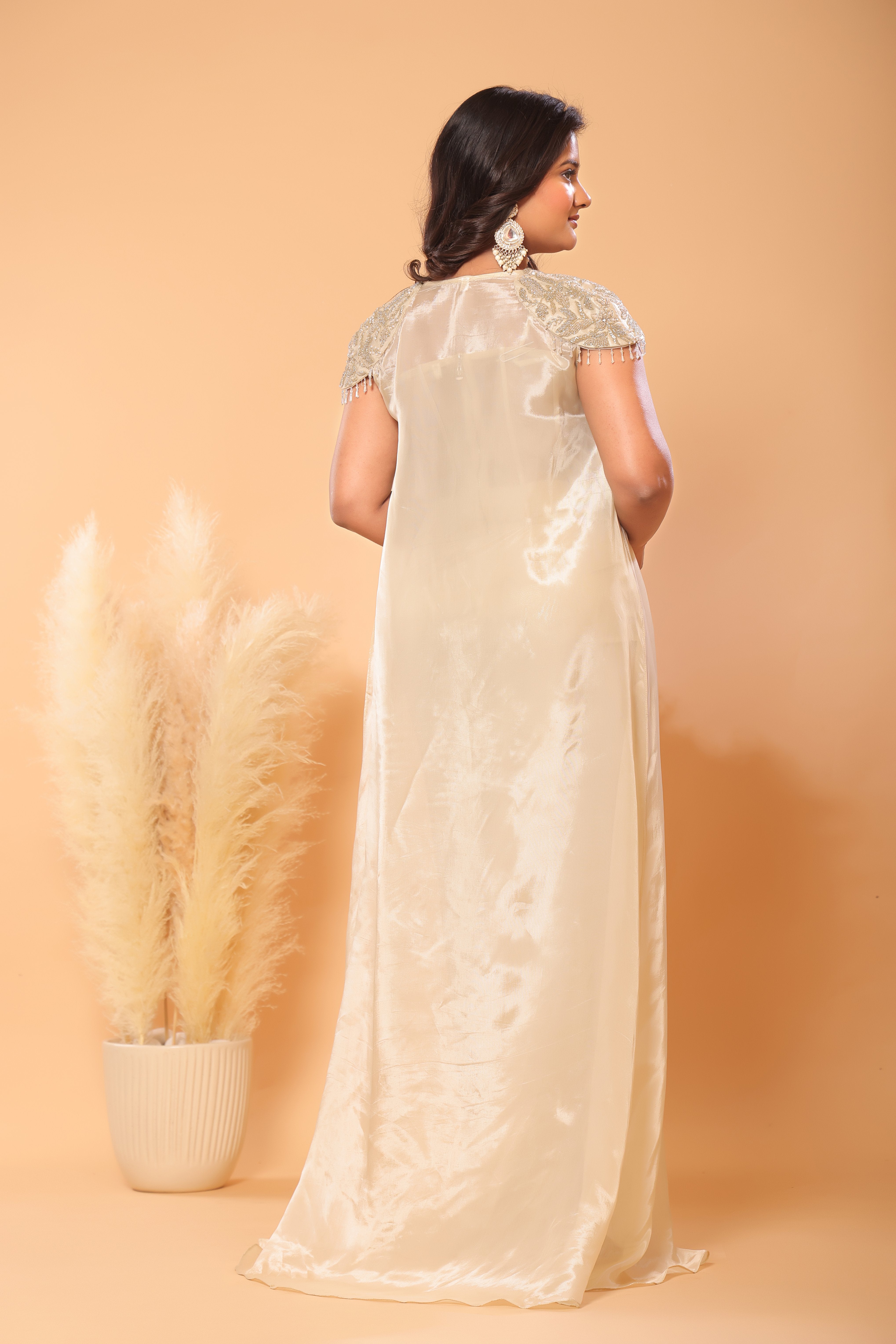 Gold Dust Embroidered Corset Draped Skirt With Cape