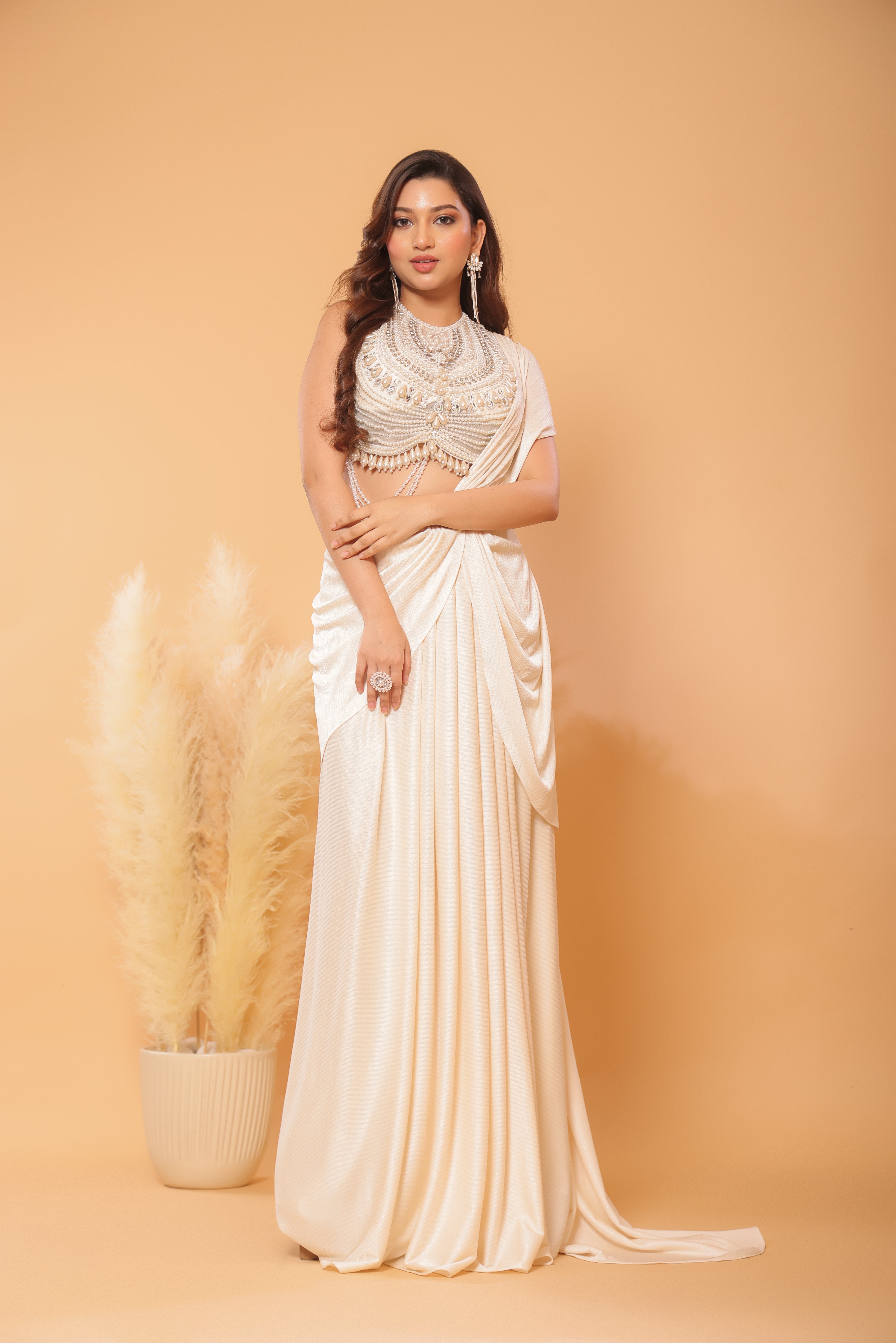 Pearl Collar Pre-Draped Saree Set