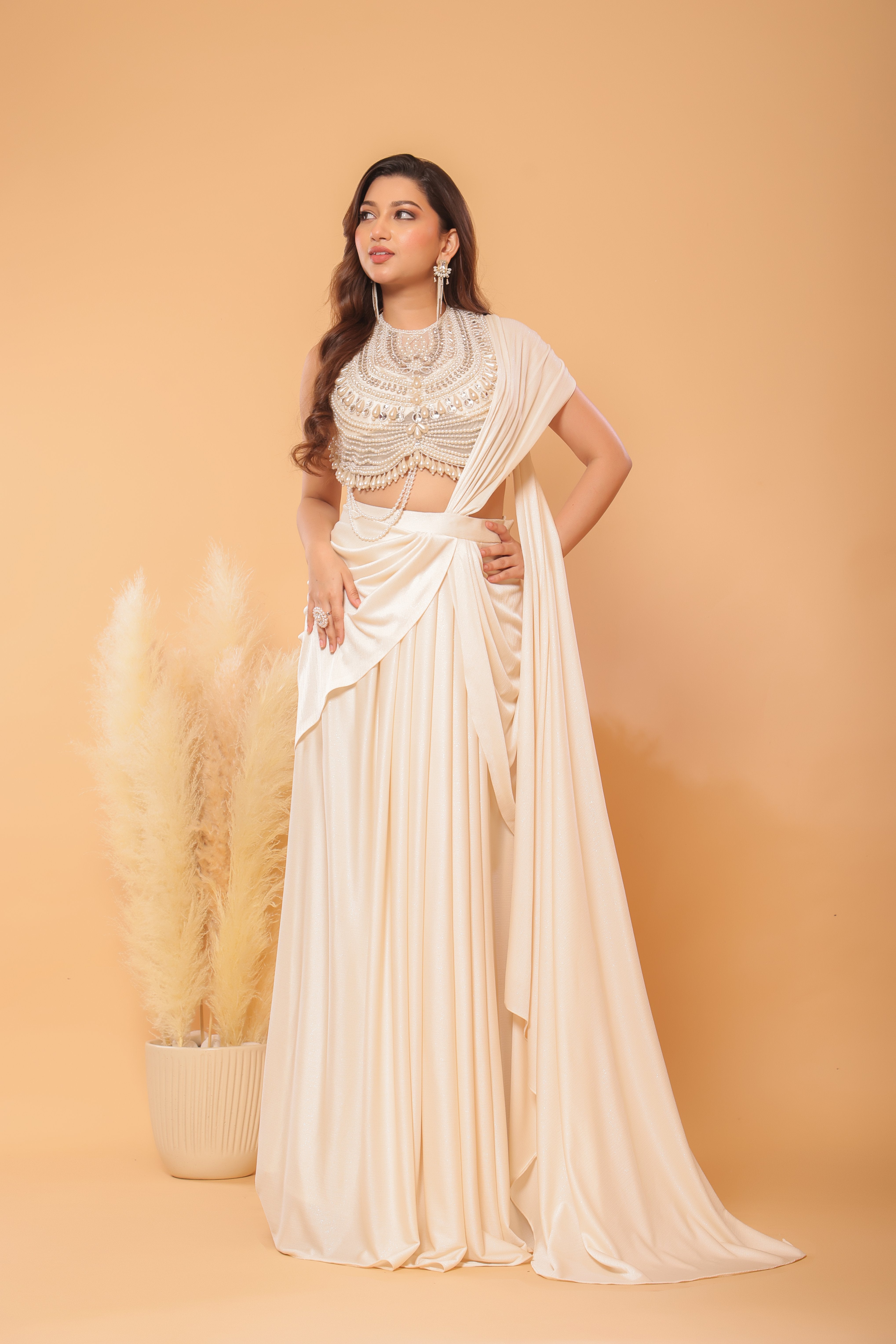 Pearl Collar Pre-Draped Saree Set