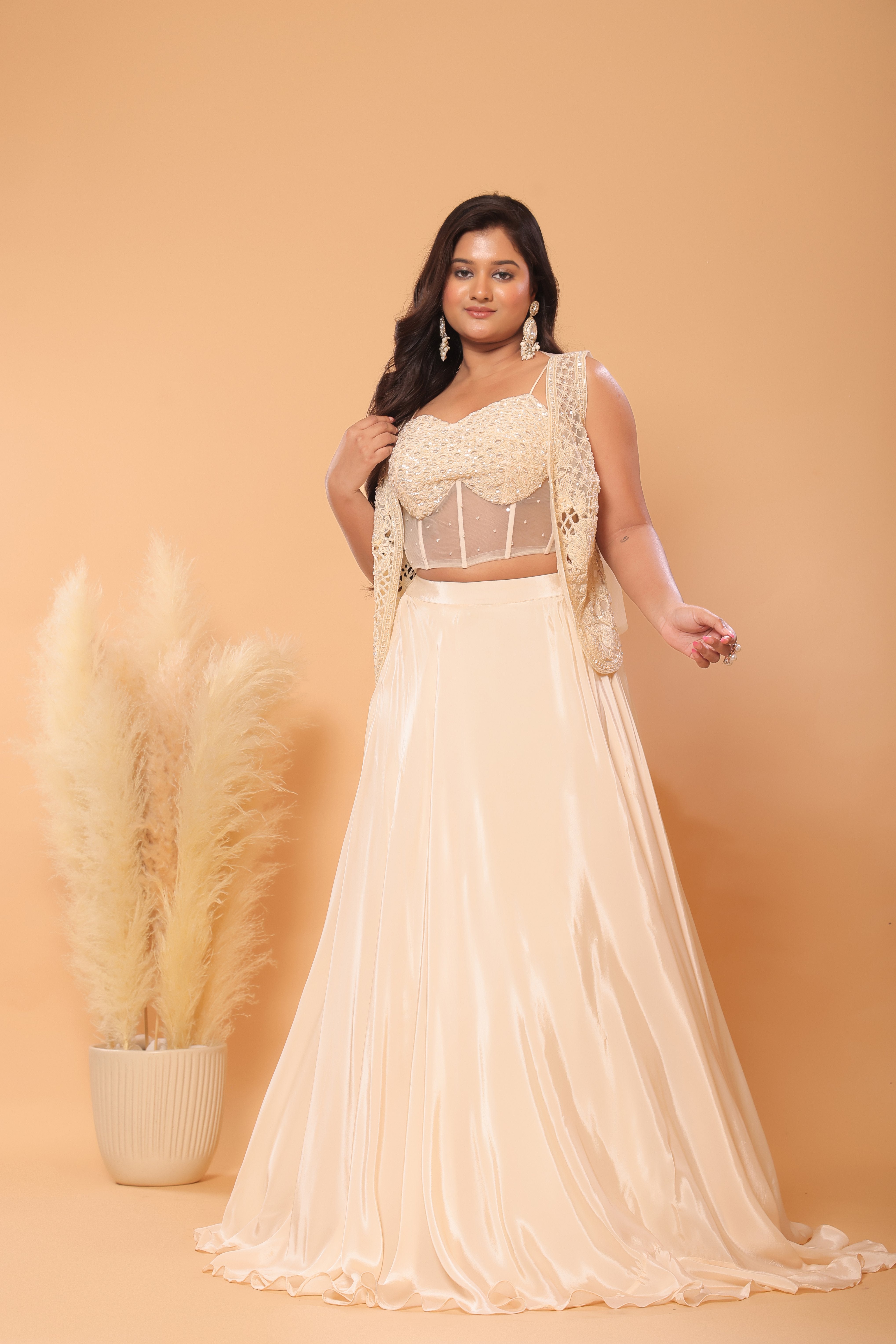 Ivory Pearl Corset Lehenga Set with Lace Cape