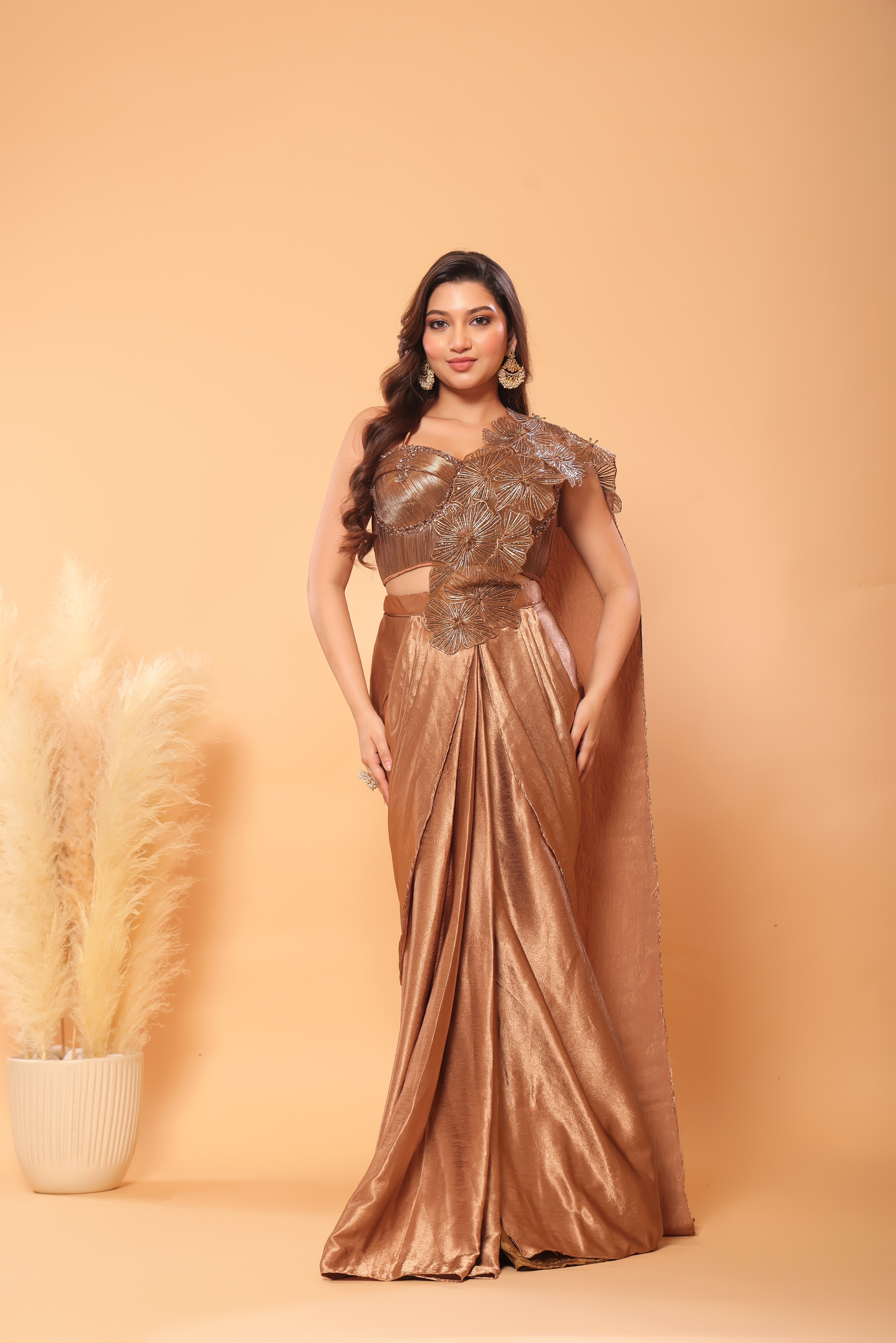 Bronze Bloom 3D Floral Shimmer Saree Set