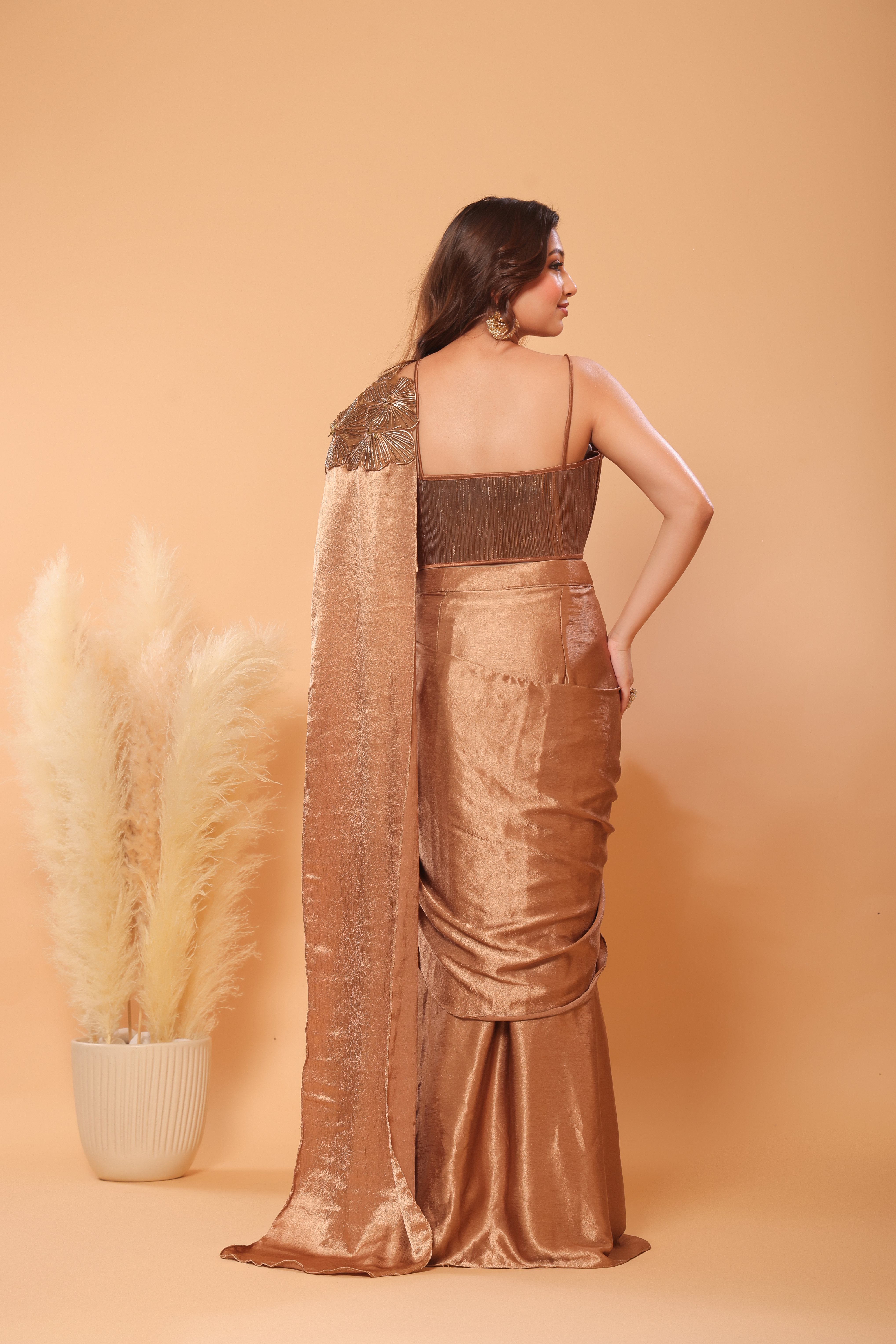 Bronze Bloom 3D Floral Shimmer Saree Set