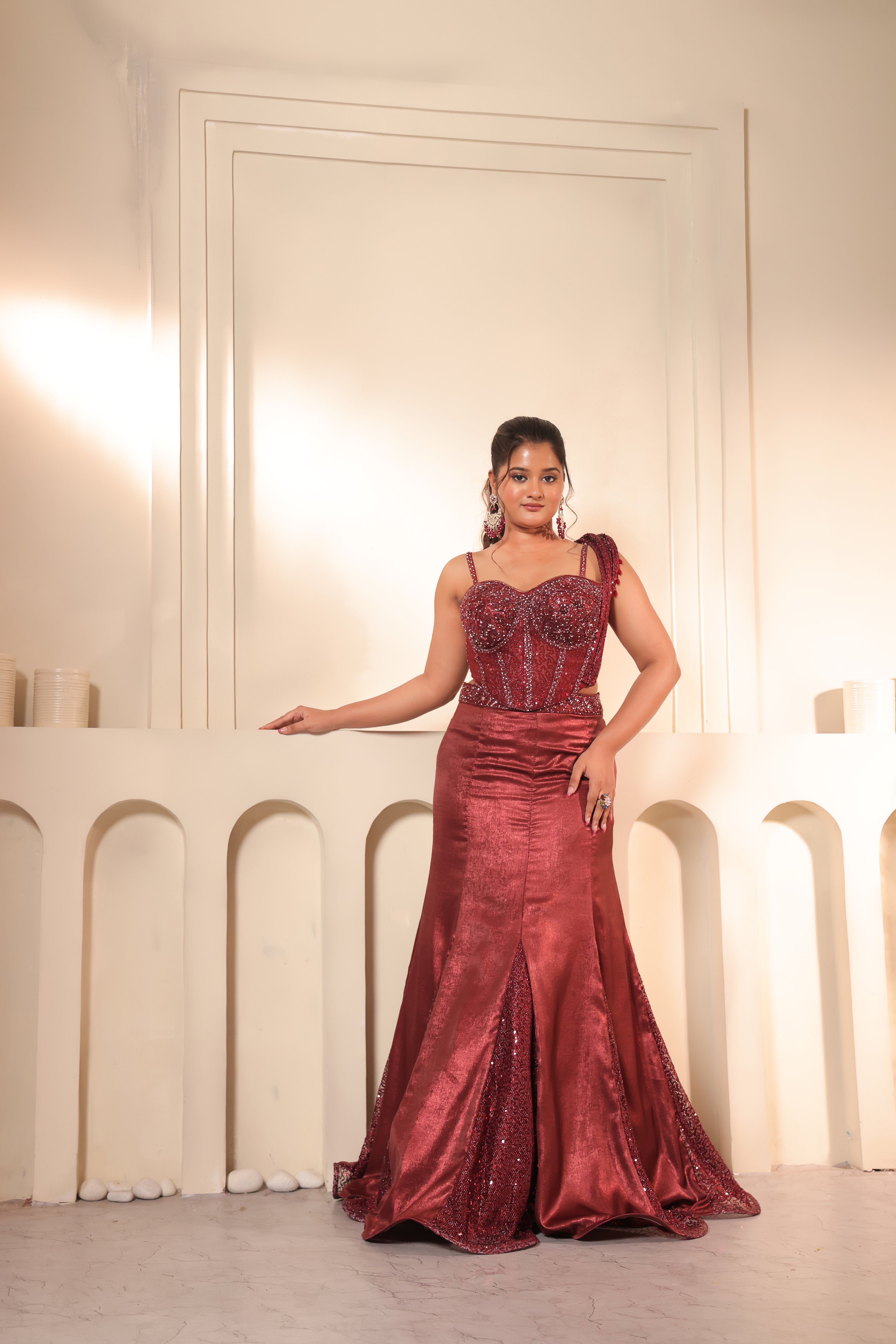 Rust Red Crystal Corset Blouse & Lehenga Set