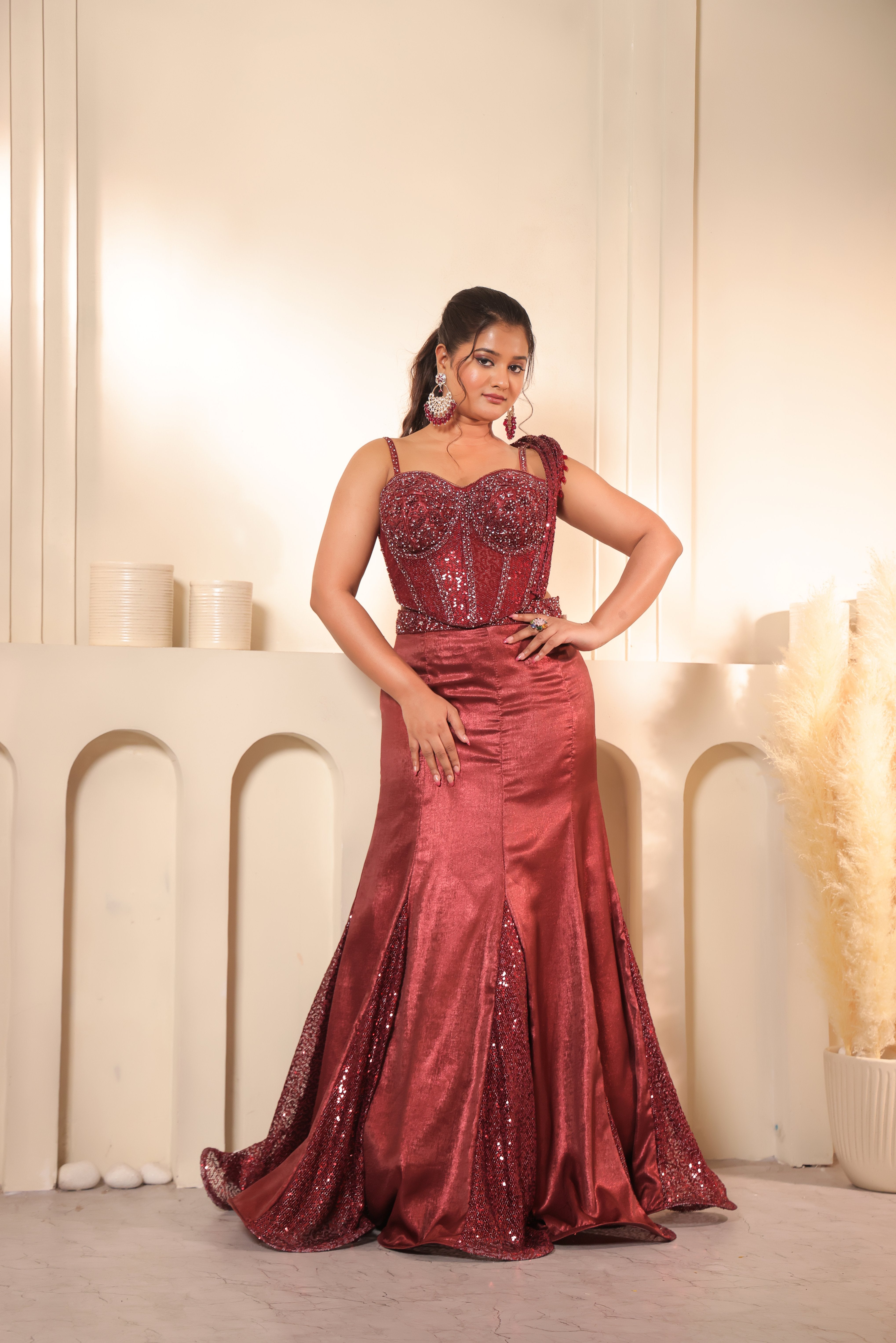 Rust Red Crystal Corset Blouse & Lehenga Set