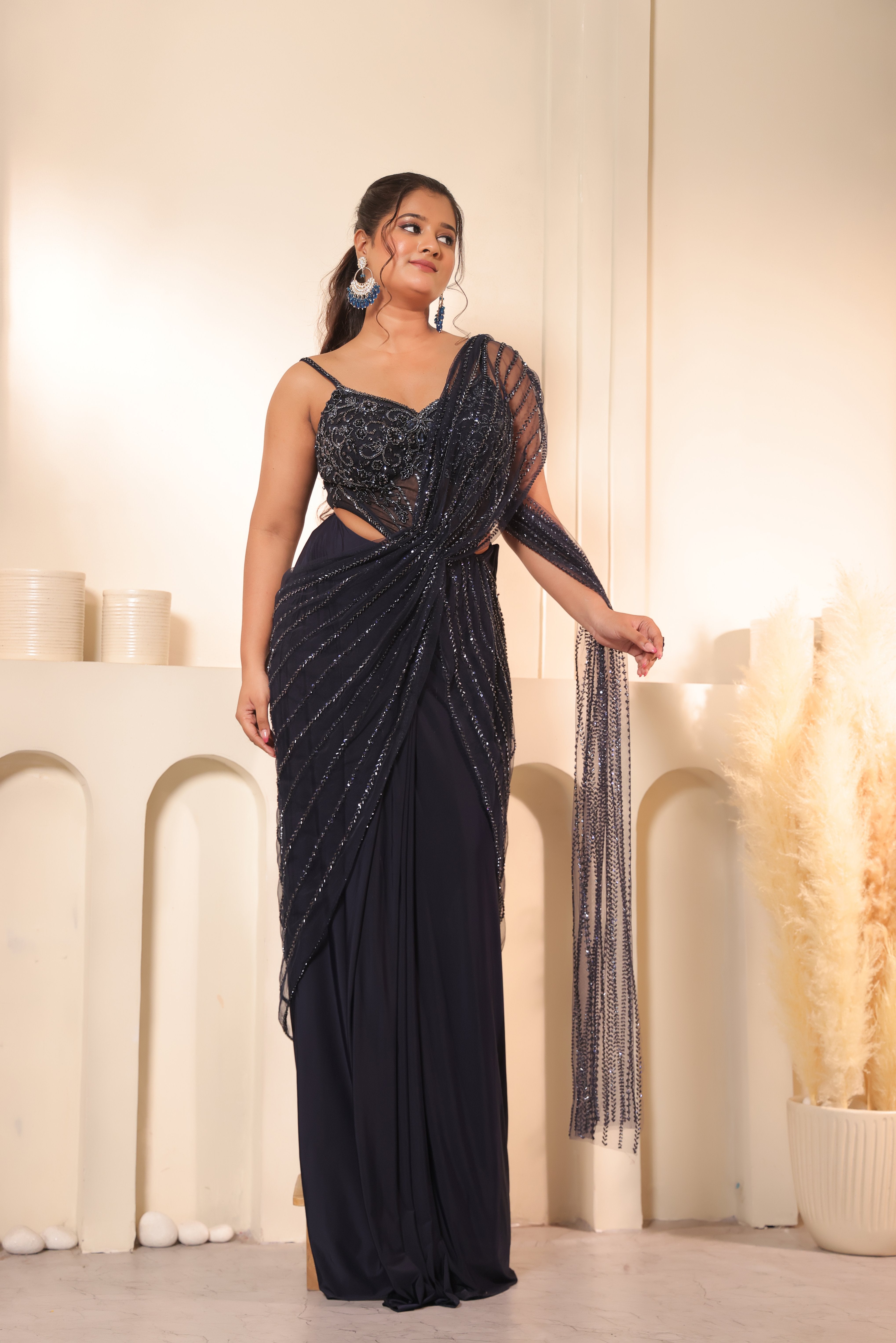 Navy Blue Crystal Chain Fringe Draped Saree Set