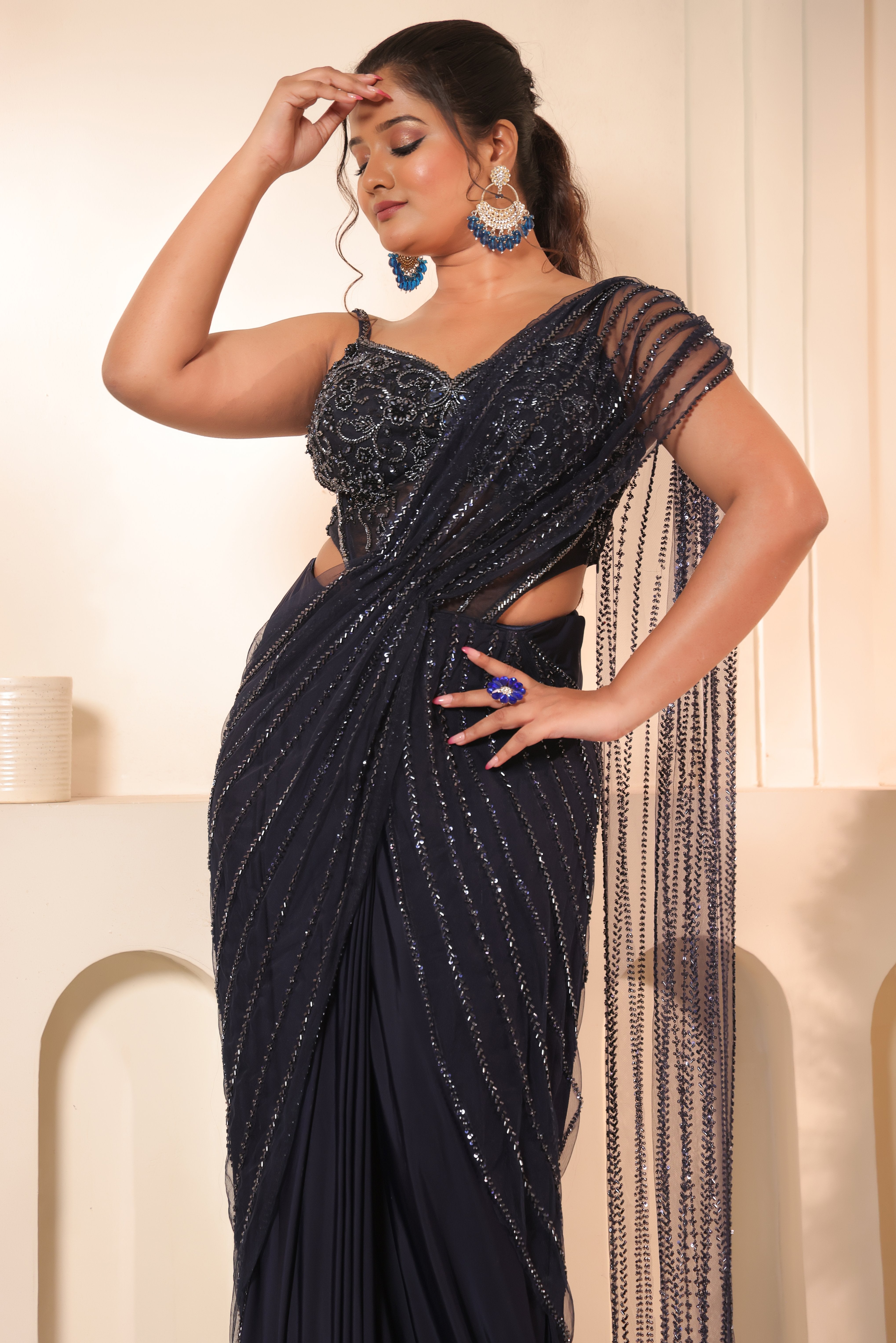 Navy Blue Crystal Chain Fringe Draped Saree Set