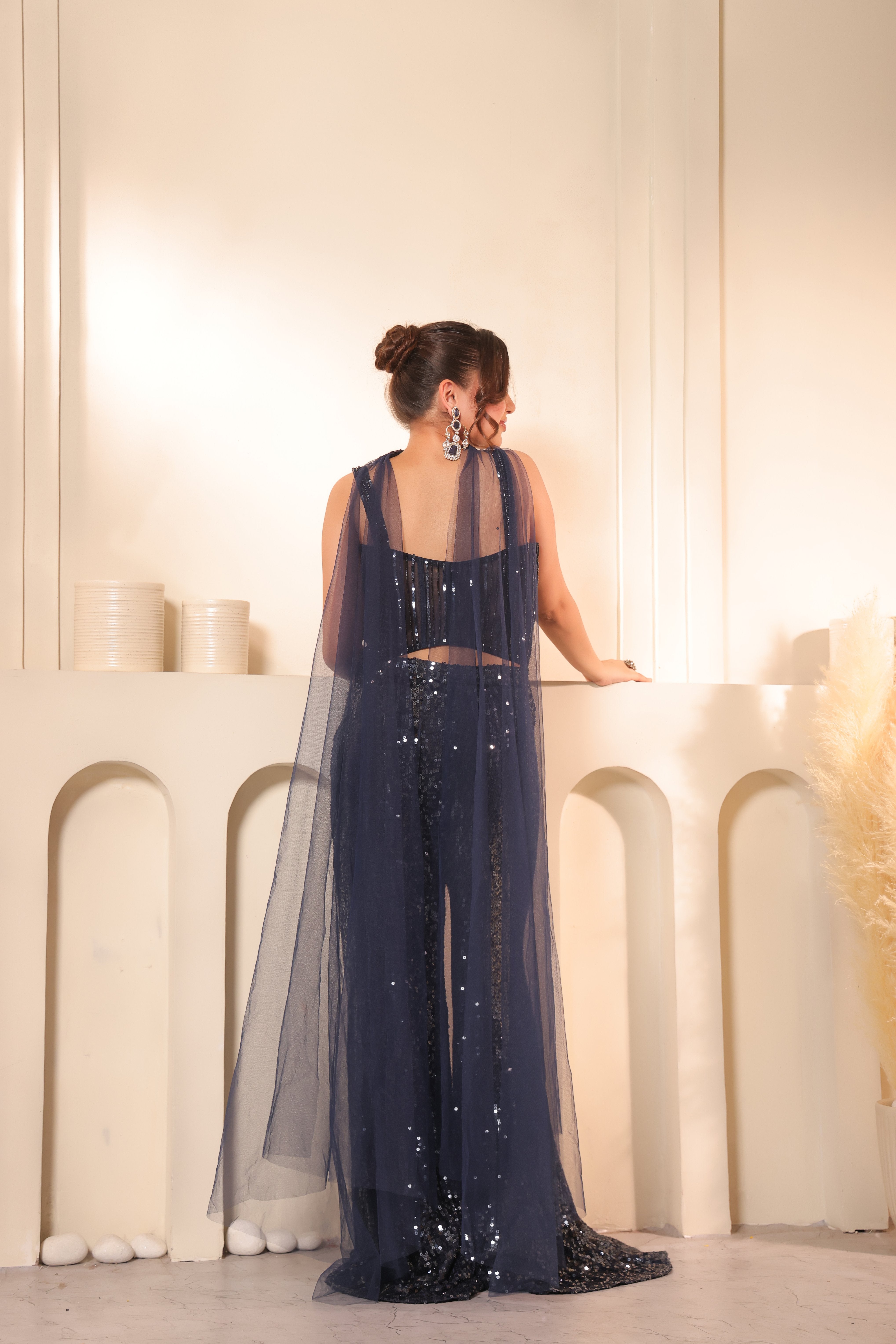 Navy Sequin Palazoo Pants & Bead Embroidered Corset Top Set