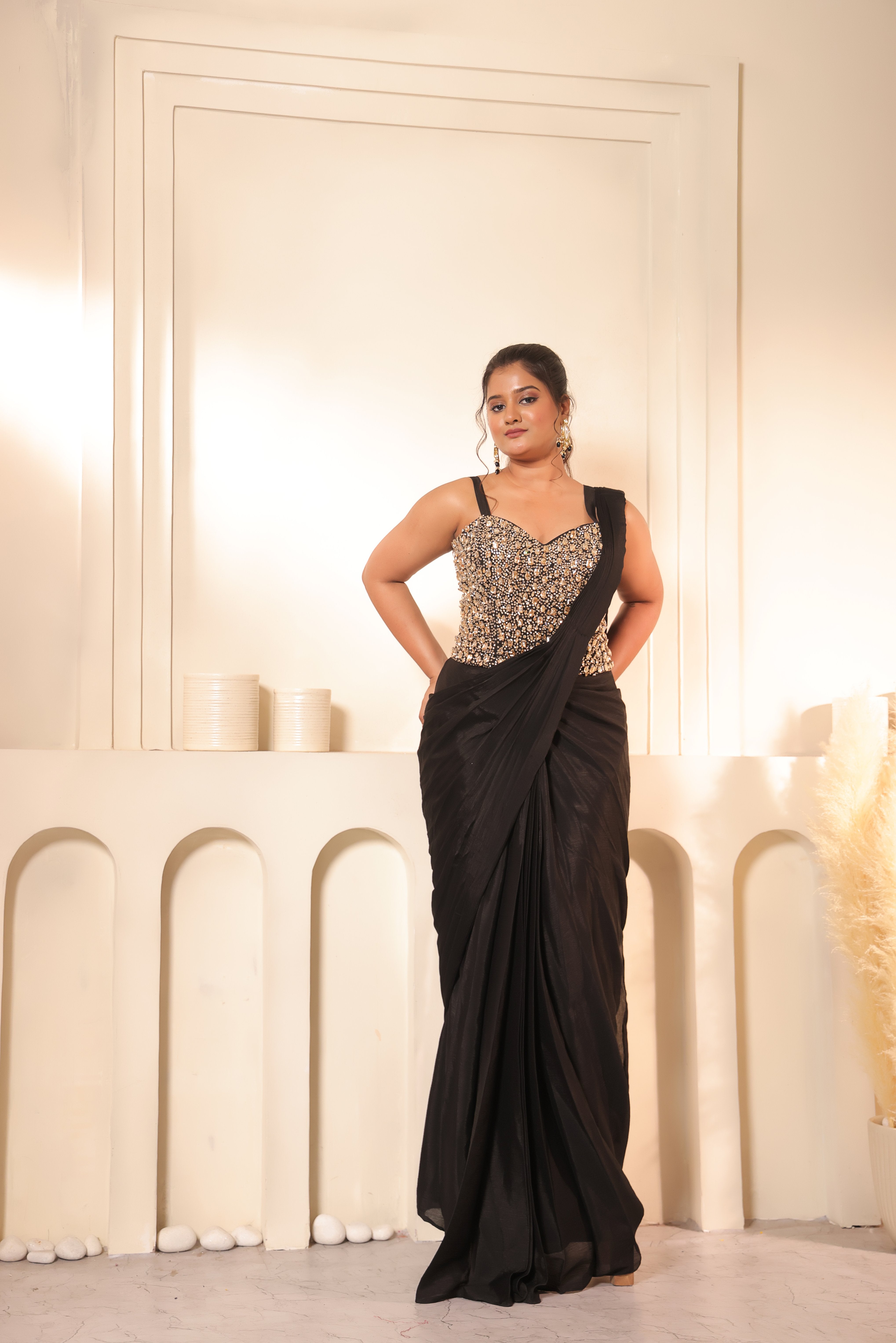 Black Chiffon Saree with Gold Crystal Corset Blouse