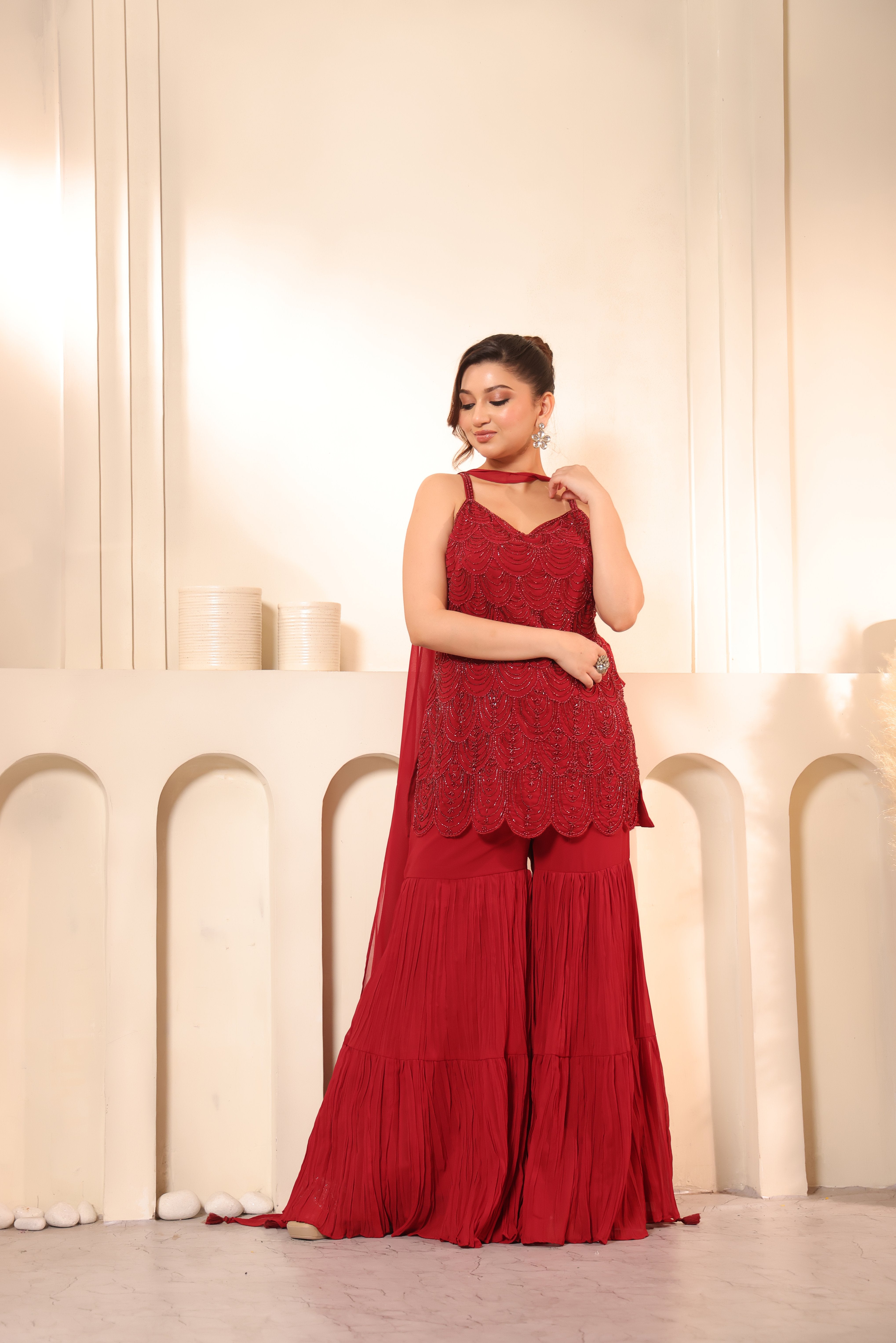 Scallop Embroidered Top & Crushed Sharara Set with Dupatta