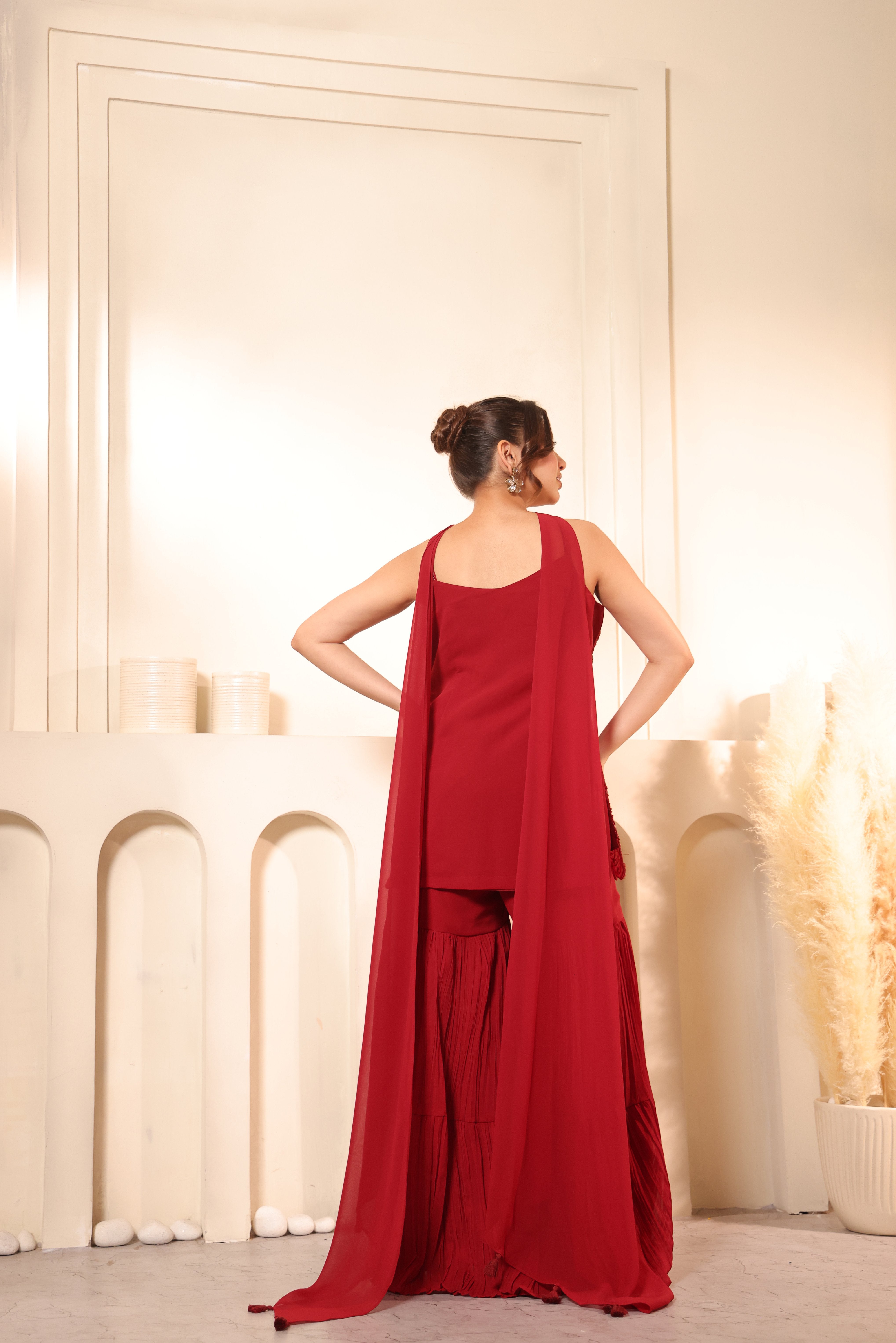 Scallop Embroidered Top & Crushed Sharara Set with Dupatta
