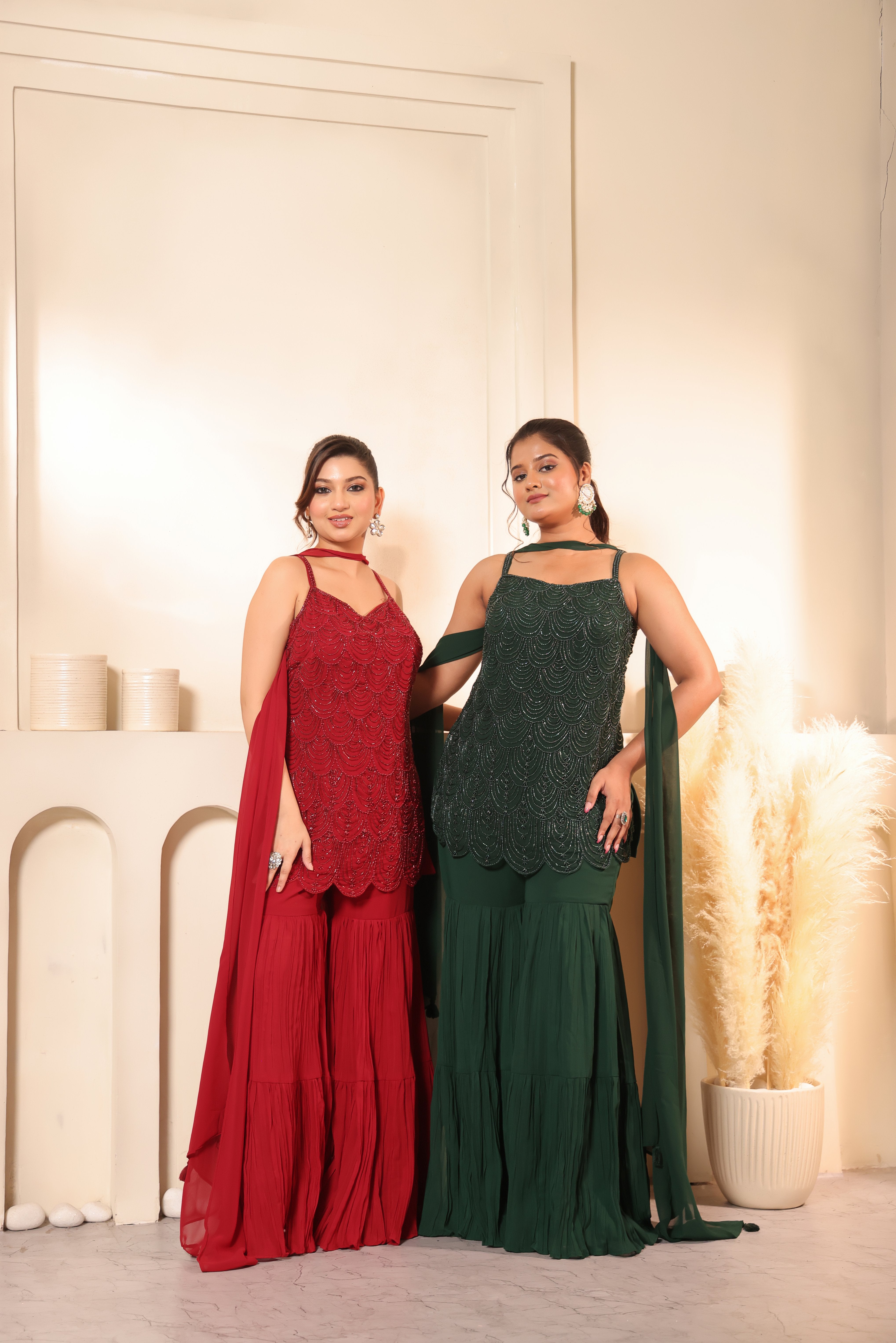 Scallop Embroidered Top & Crushed Sharara Set with Dupatta
