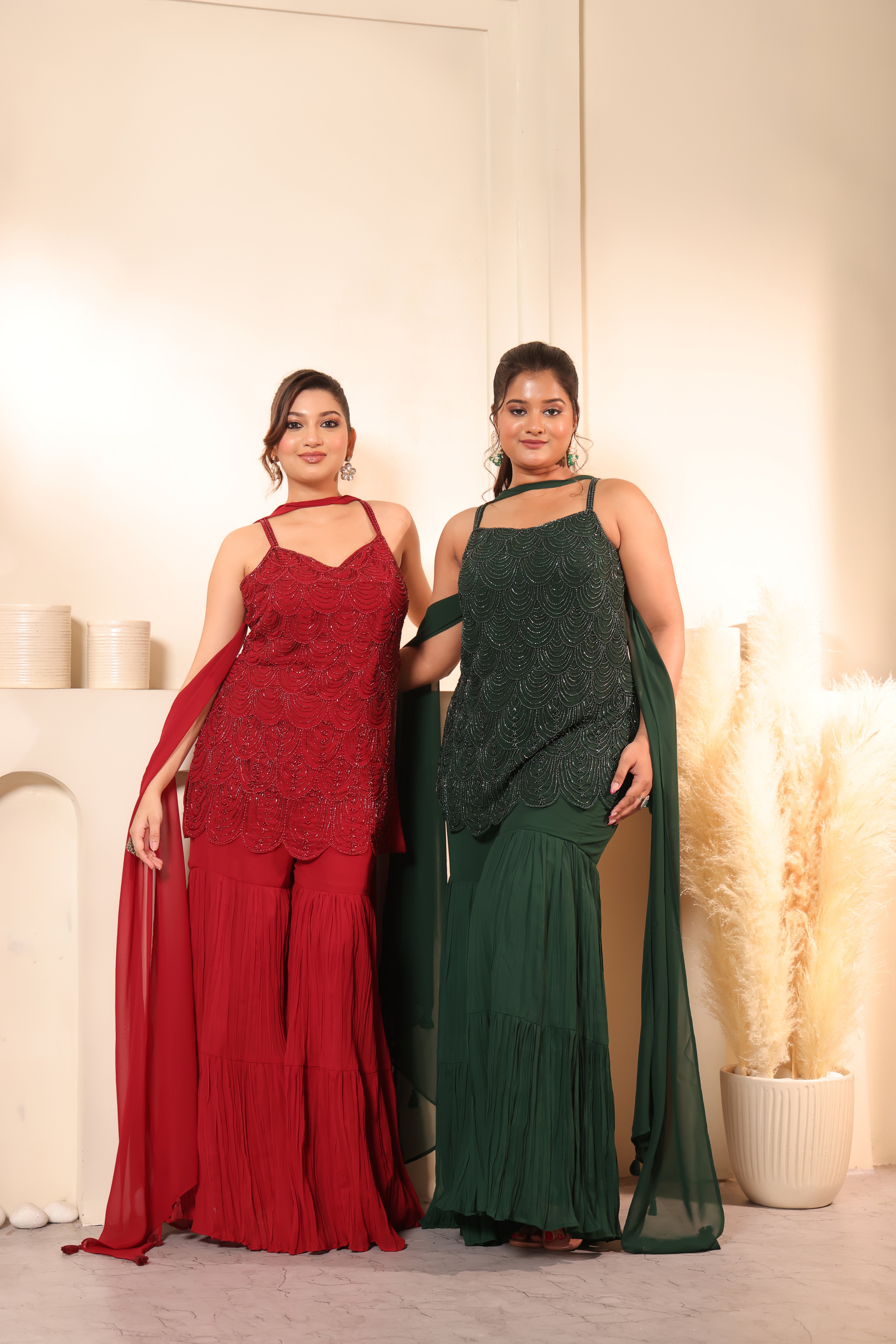 Scallop Embroidered Top & Crushed Sharara Set with Dupatta