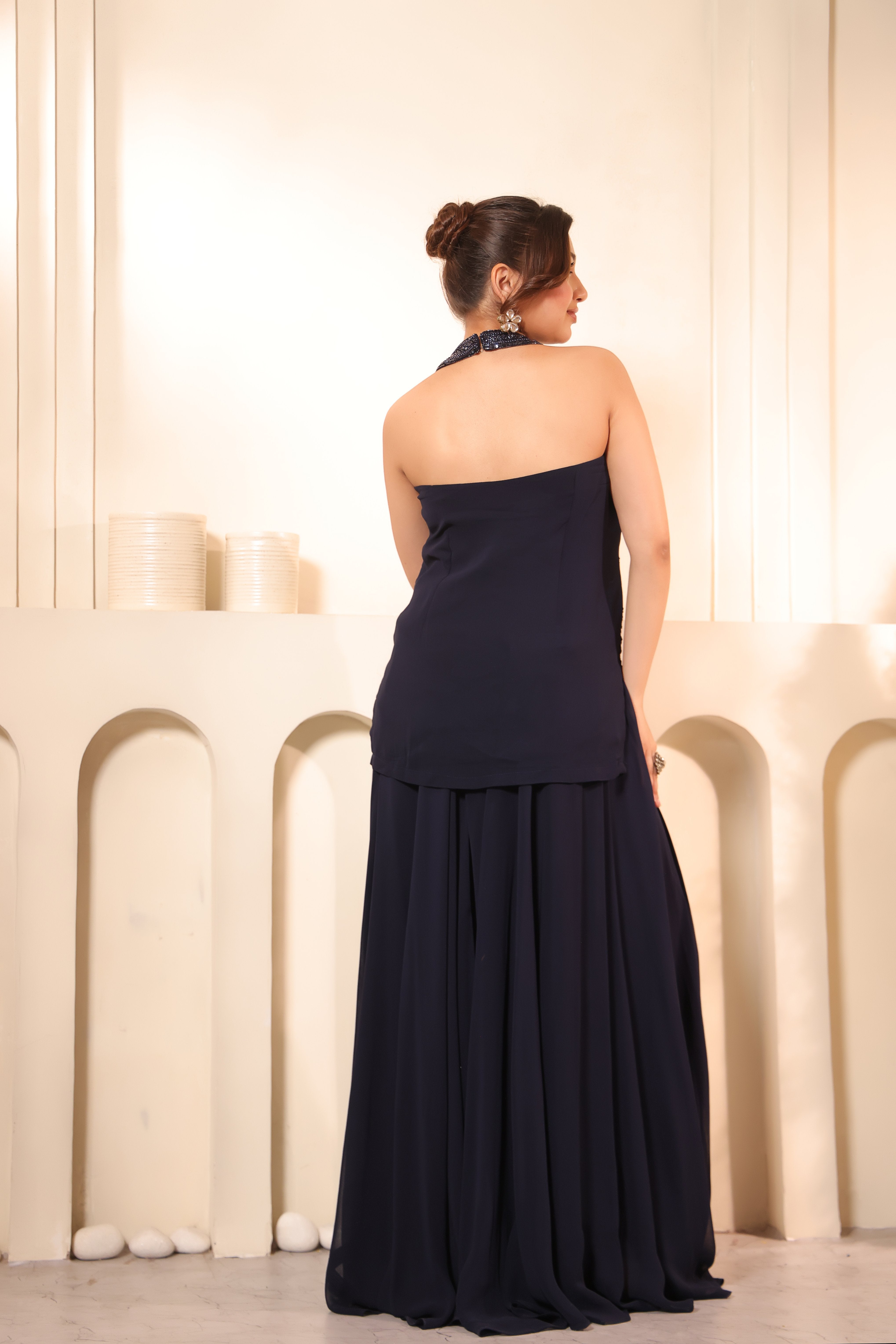 Navy Blue Crystal Halter Neck Tunic & Sharara Set