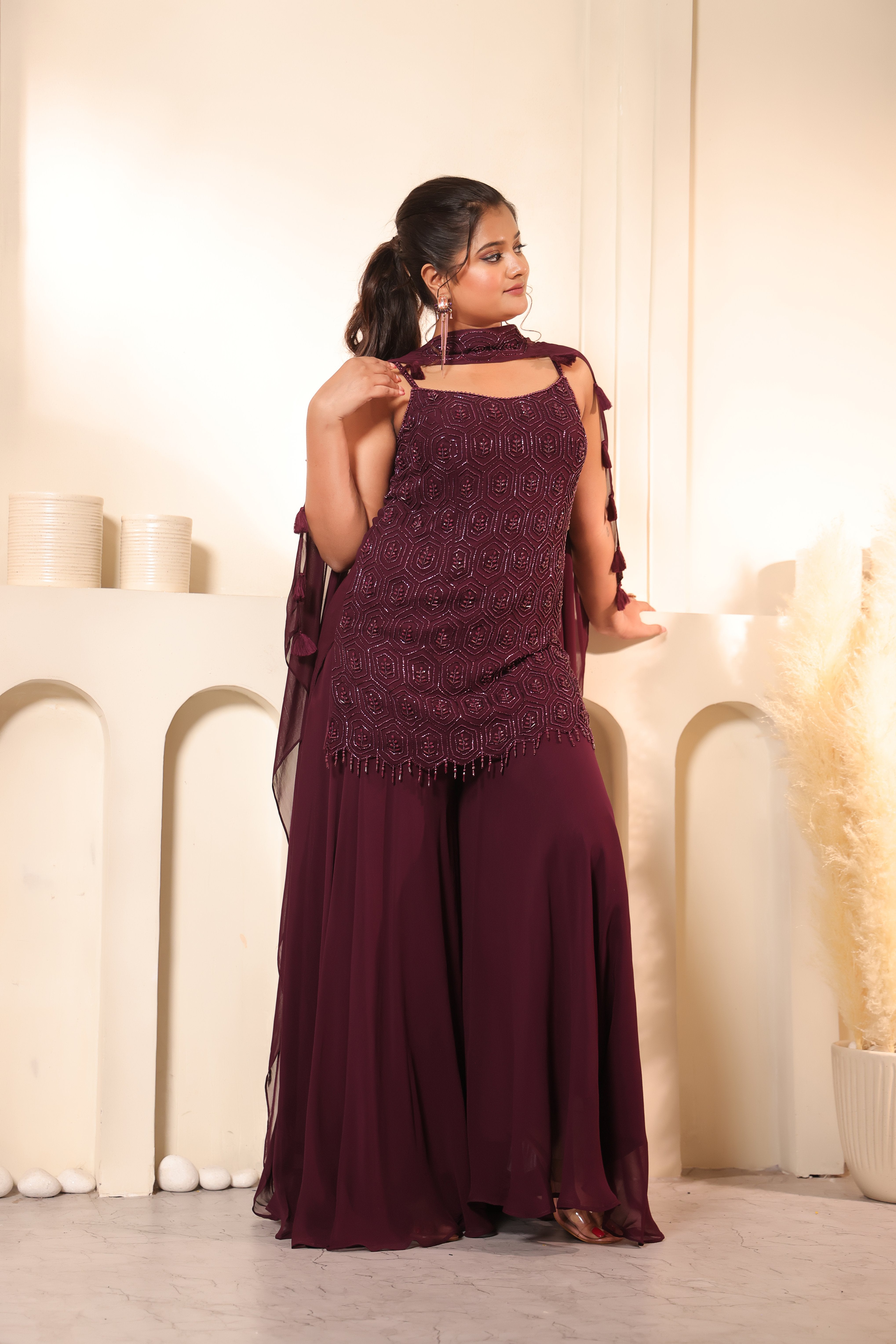 Plum Honeycomb Bead Embroidered Tunic & Palazzo Set