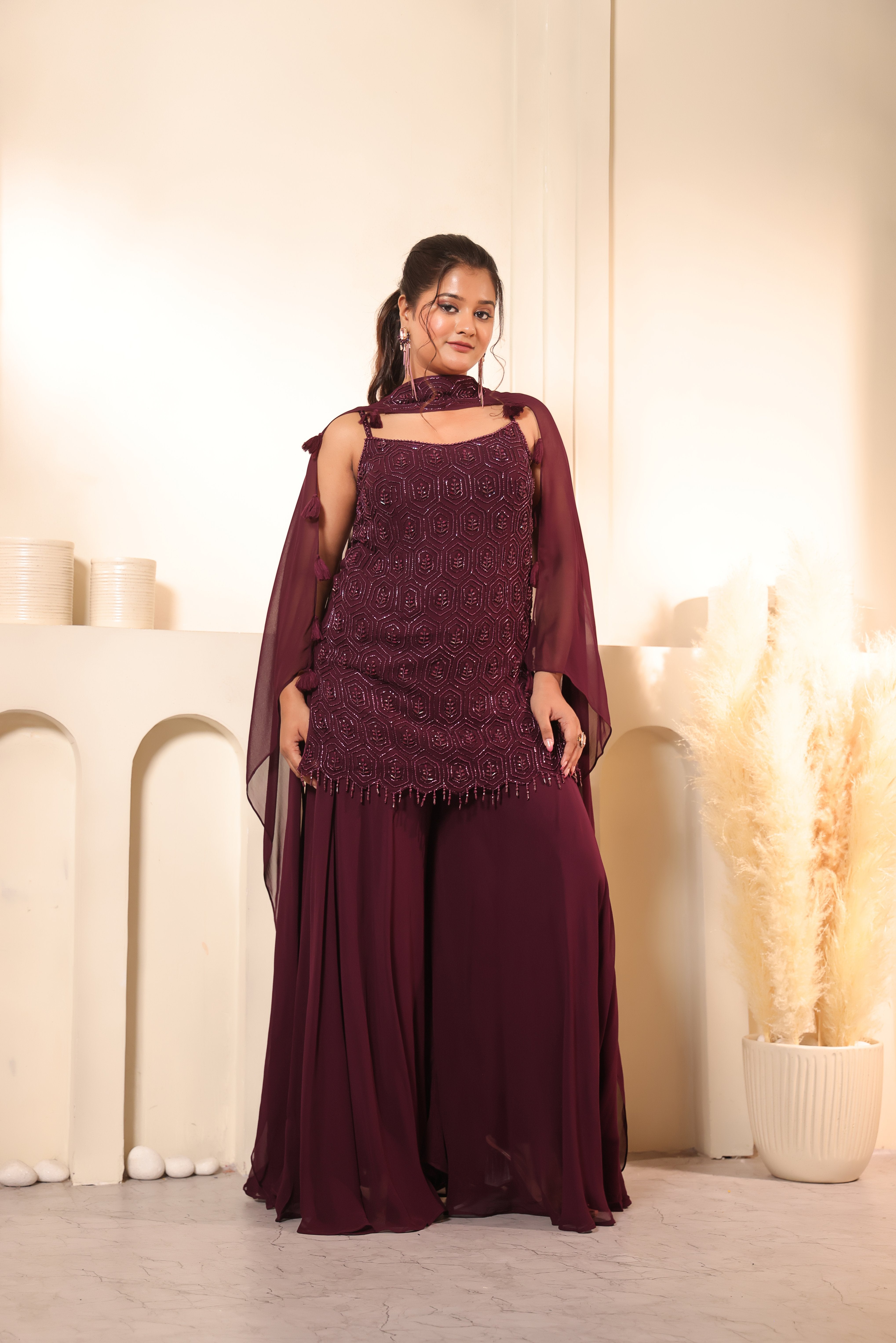 Plum Honeycomb Bead Embroidered Tunic & Palazzo Set