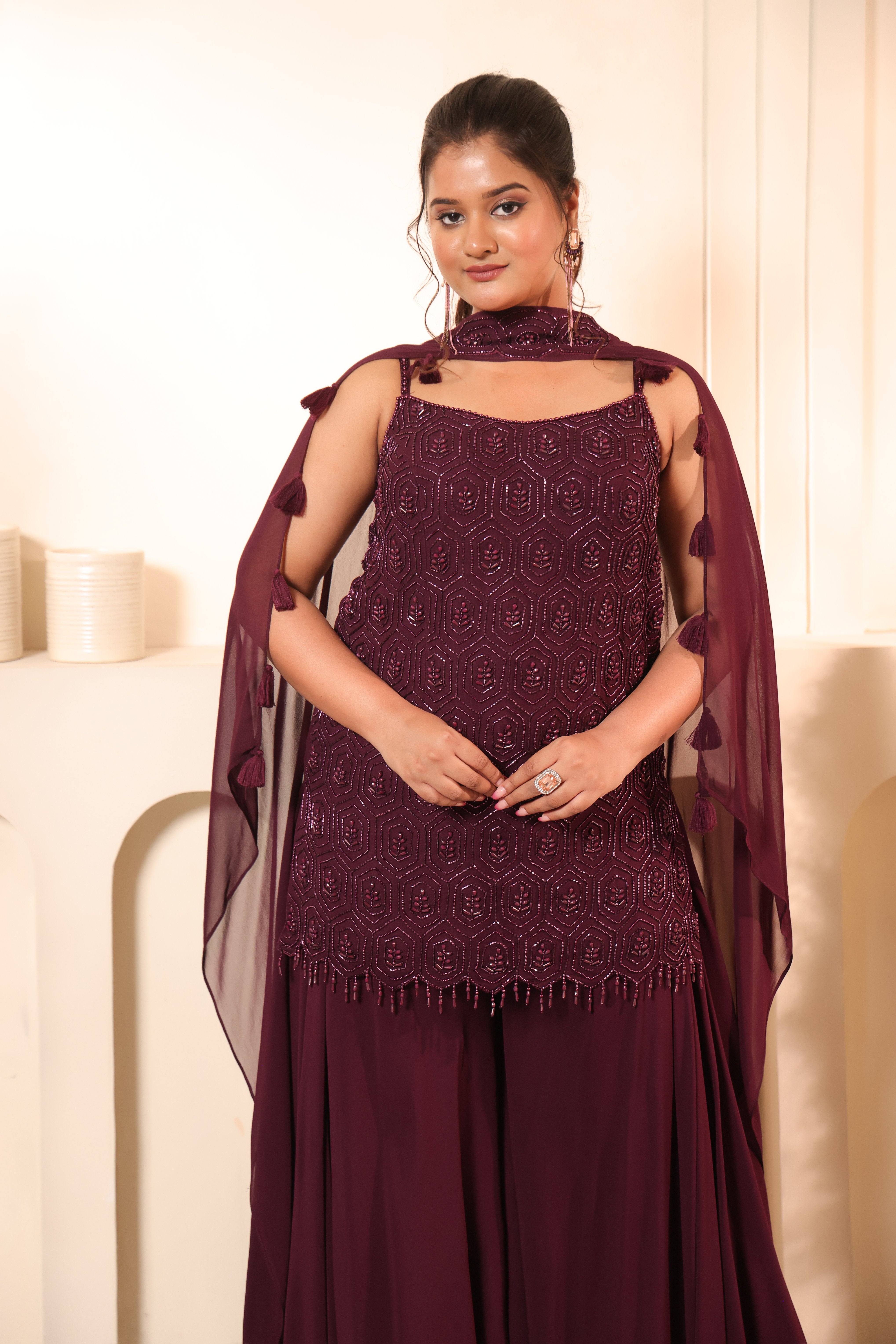 Plum Honeycomb Bead Embroidered Tunic & Palazzo Set