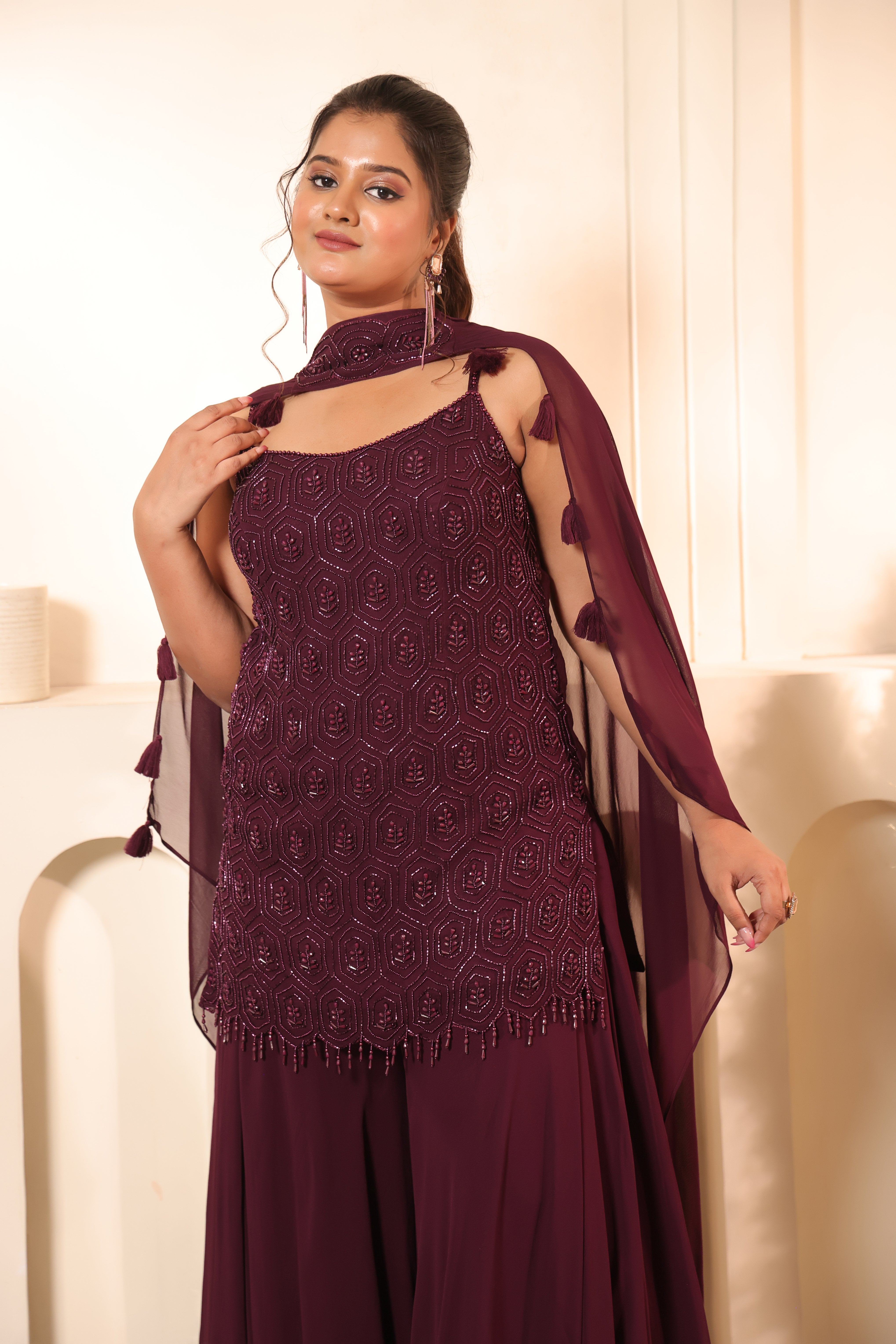 Plum Honeycomb Bead Embroidered Tunic & Palazzo Set