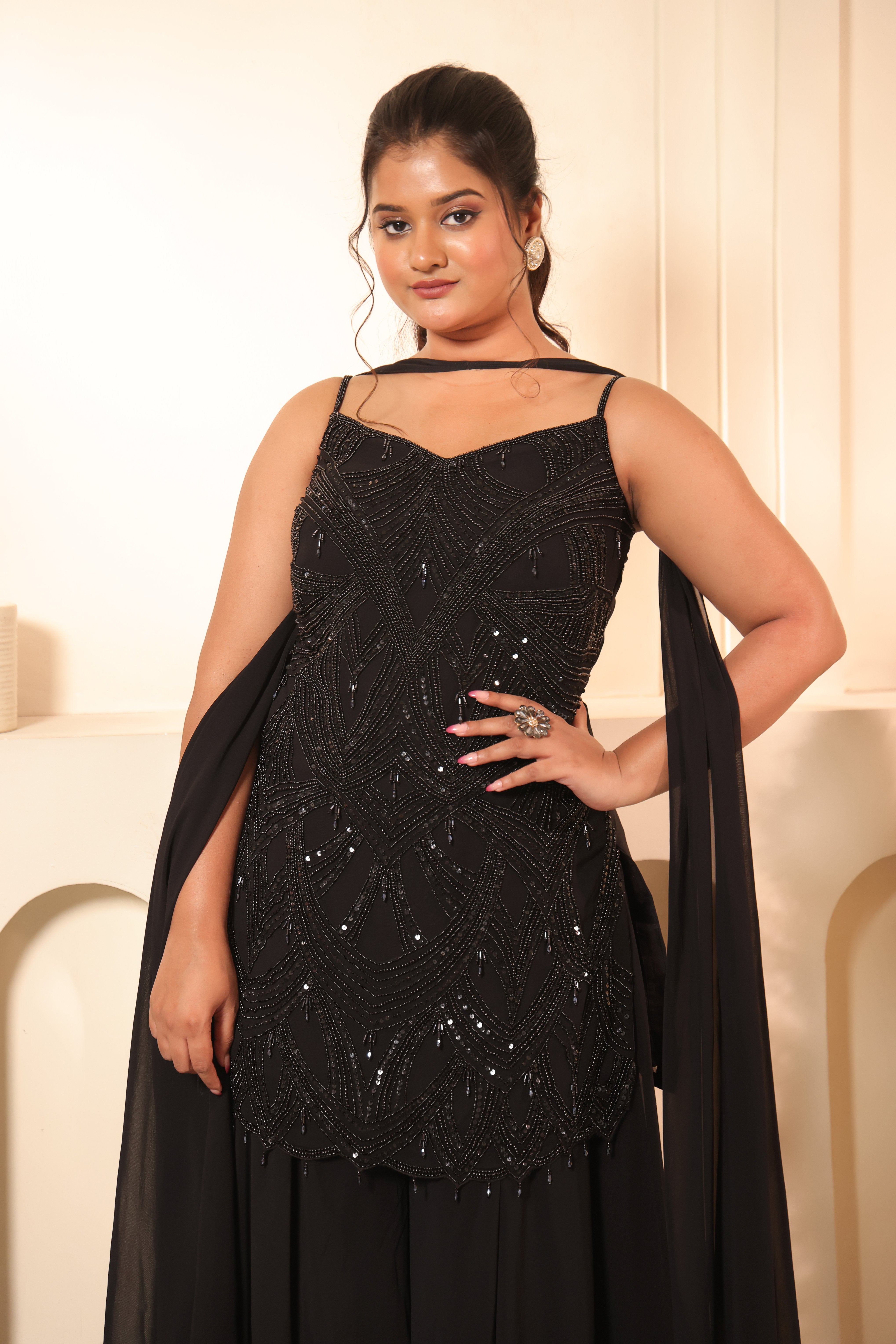 Jet Black Bead Embroidered Kurta & Sharara Set