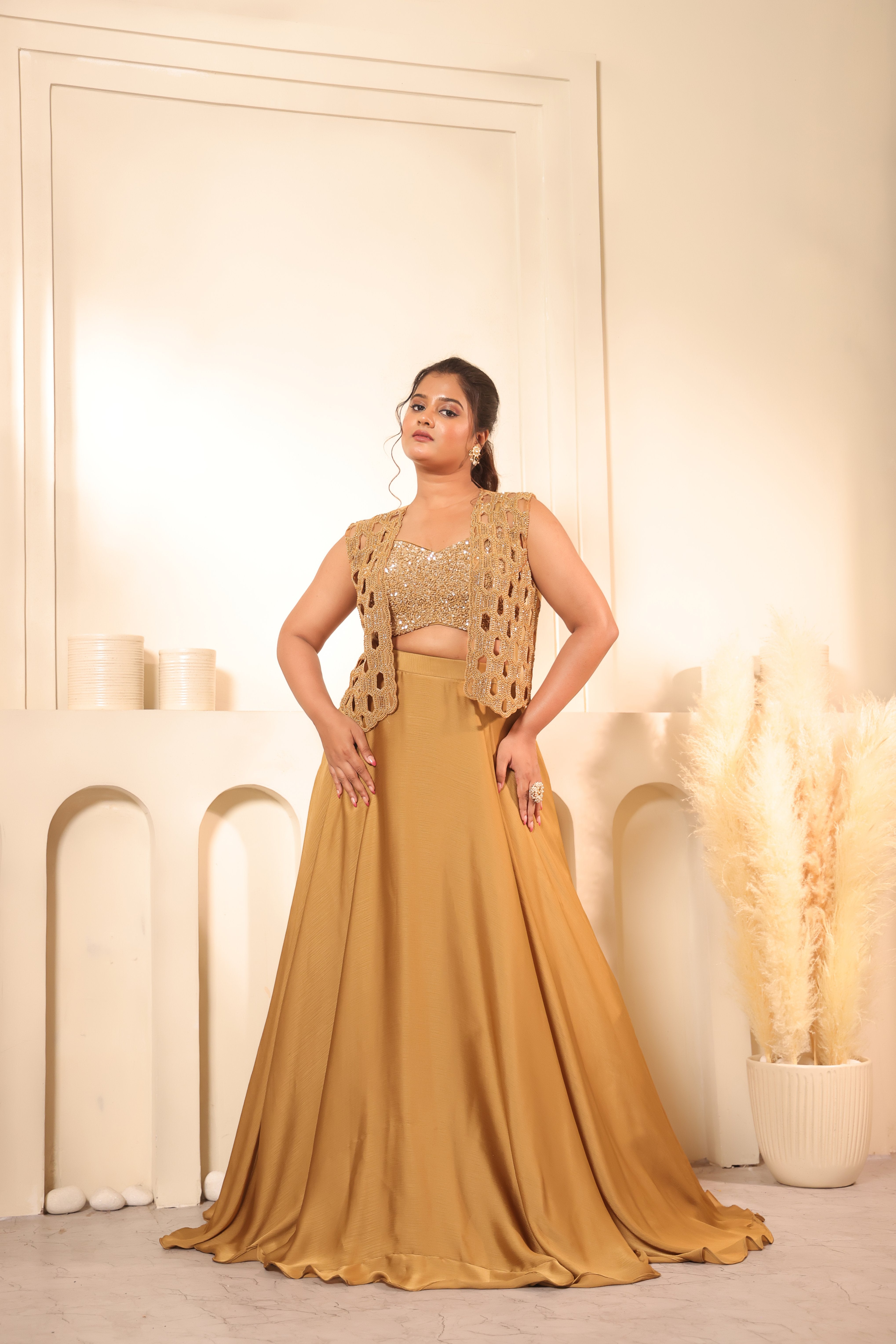 Antique Gold Cutwork Embroidered Jacket & Lehenga Set