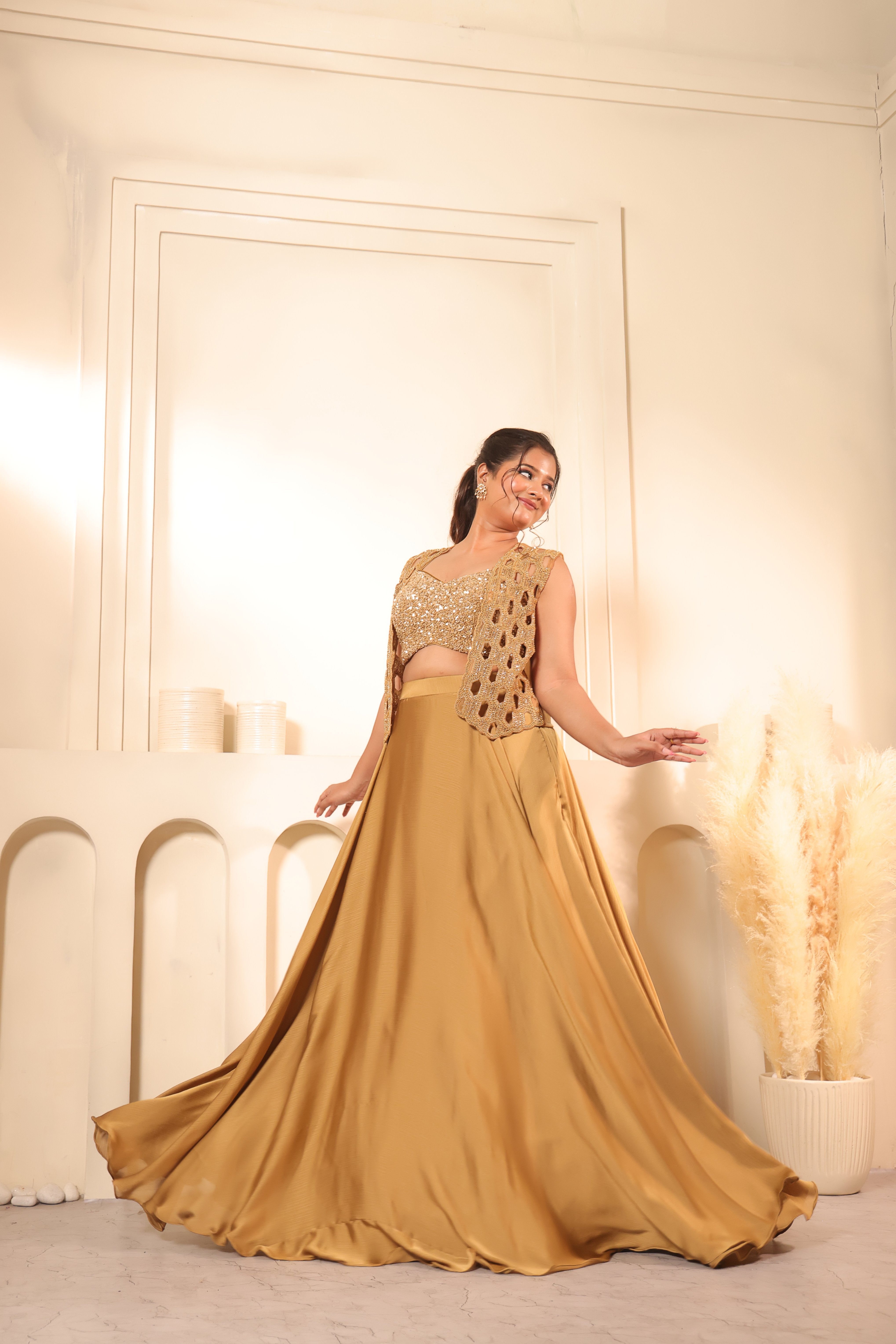 Antique Gold Cutwork Embroidered Jacket & Lehenga Set