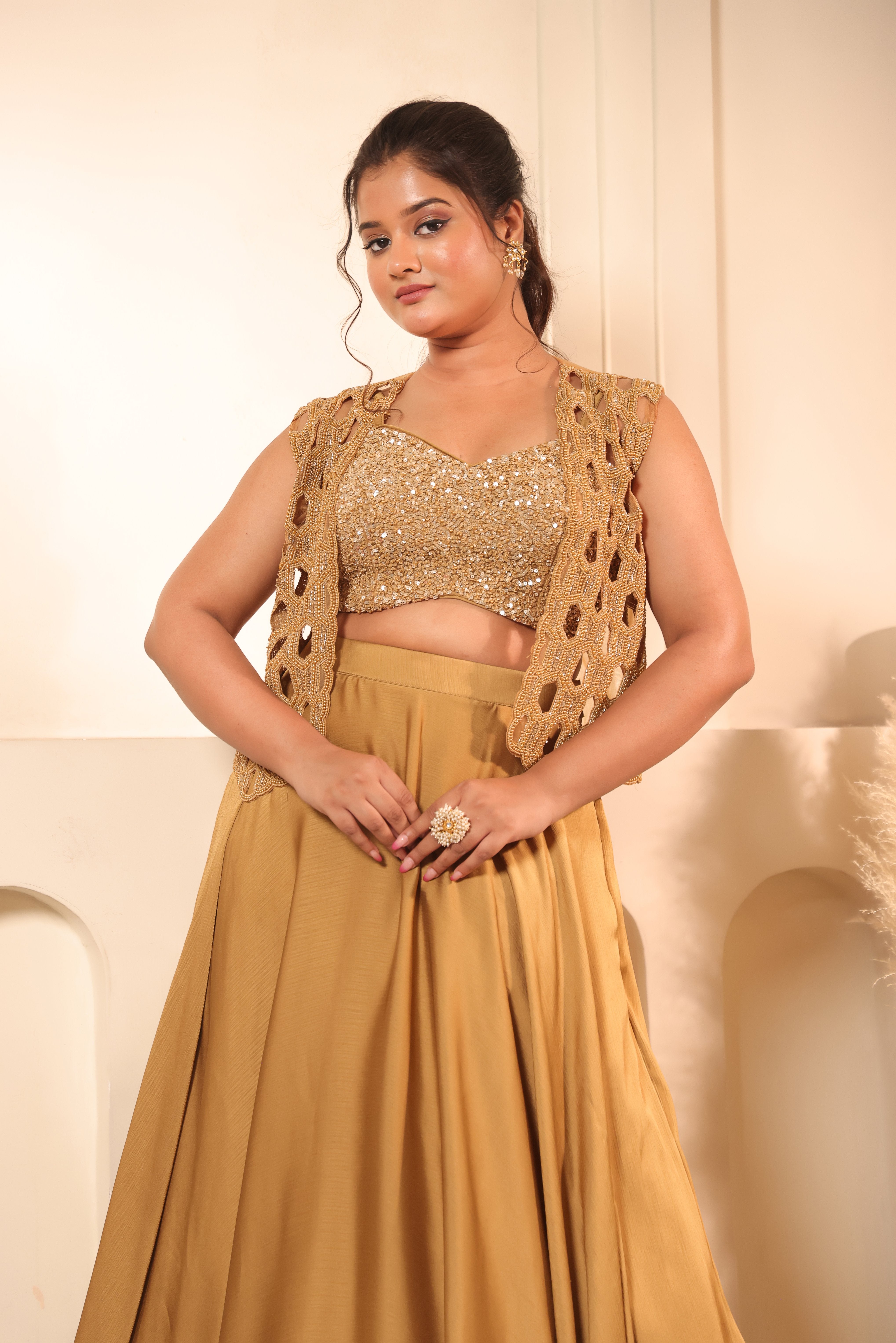 Antique Gold Cutwork Embroidered Jacket & Lehenga Set
