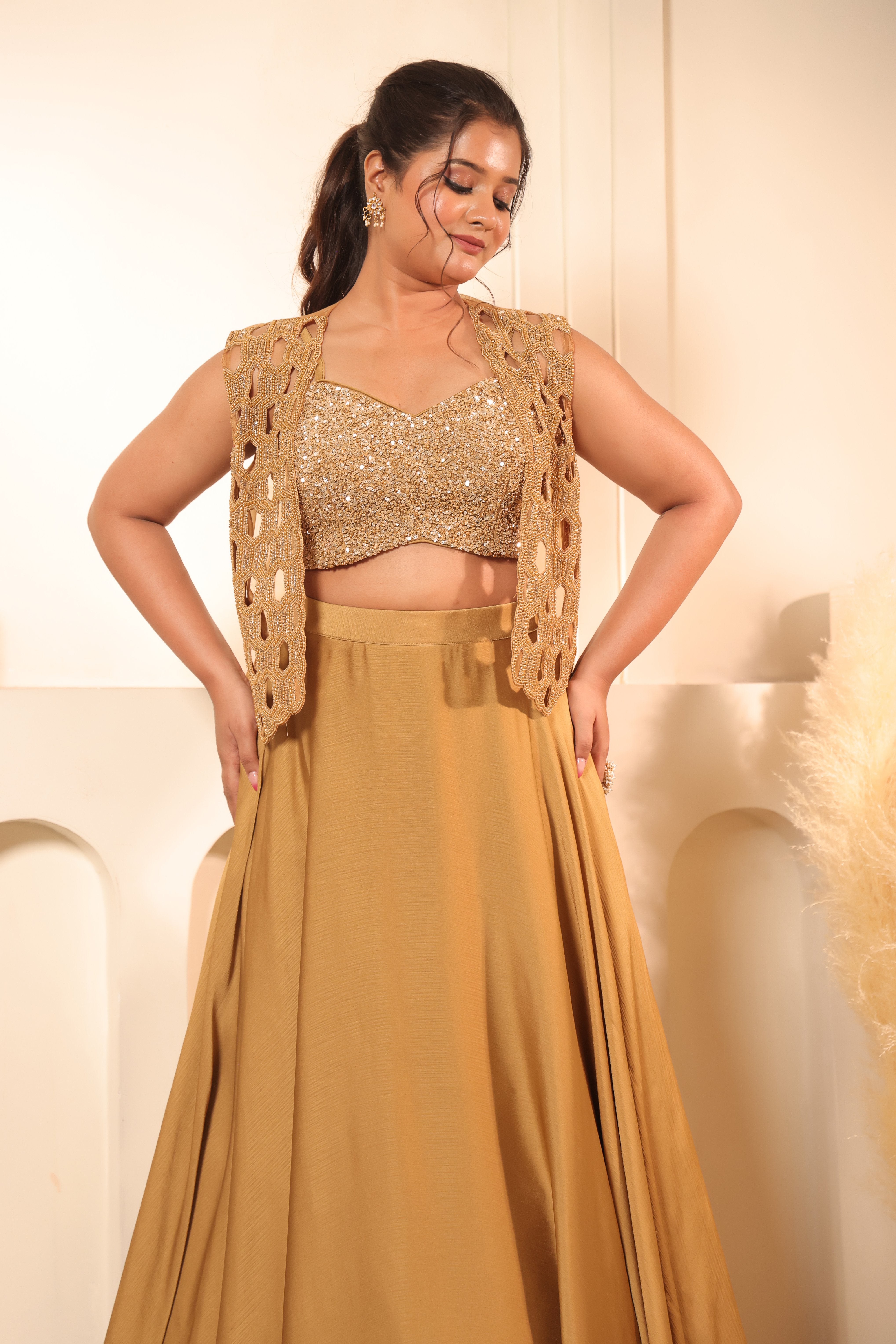 Antique Gold Cutwork Embroidered Jacket & Lehenga Set