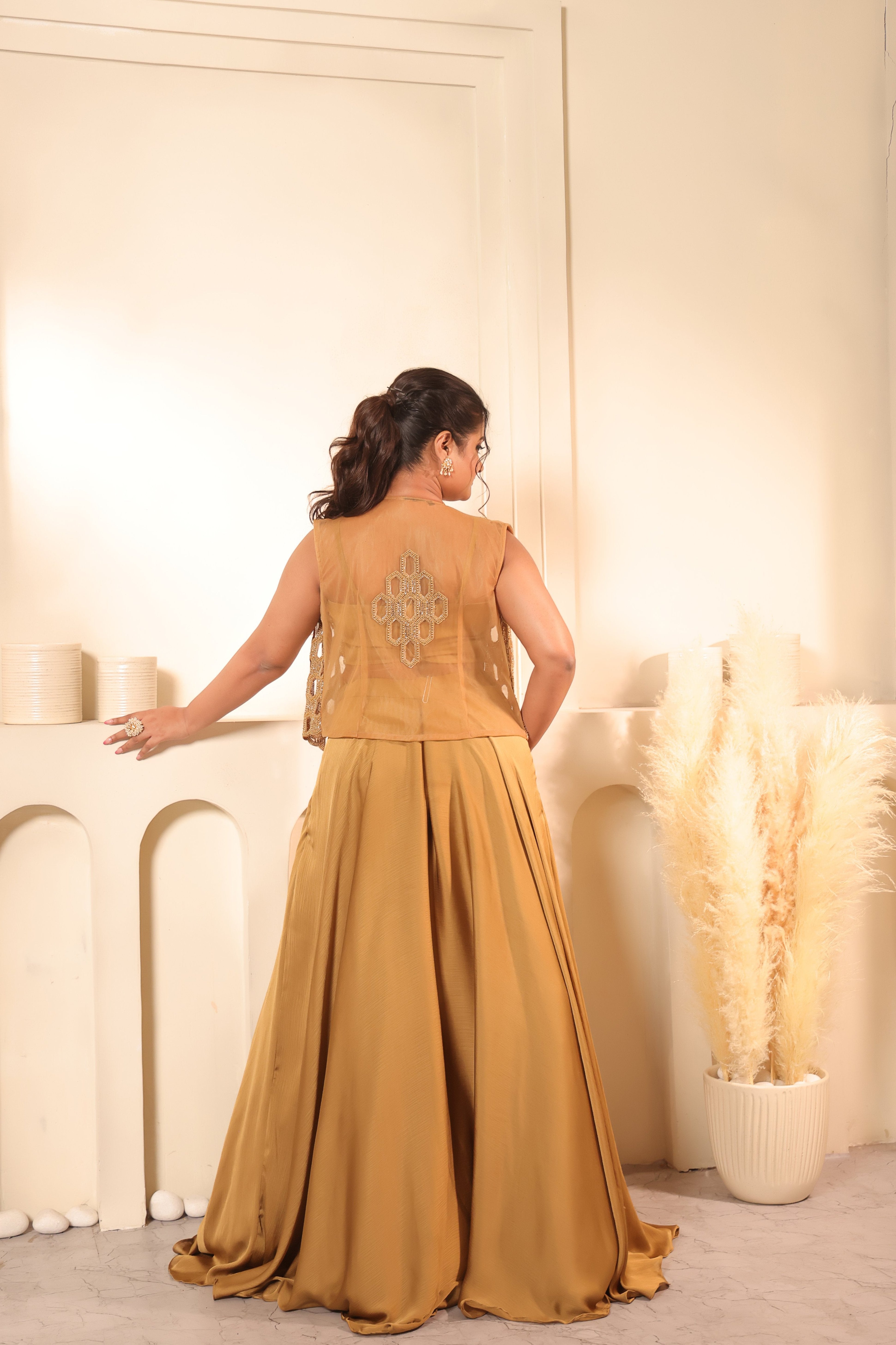 Antique Gold Cutwork Embroidered Jacket & Lehenga Set