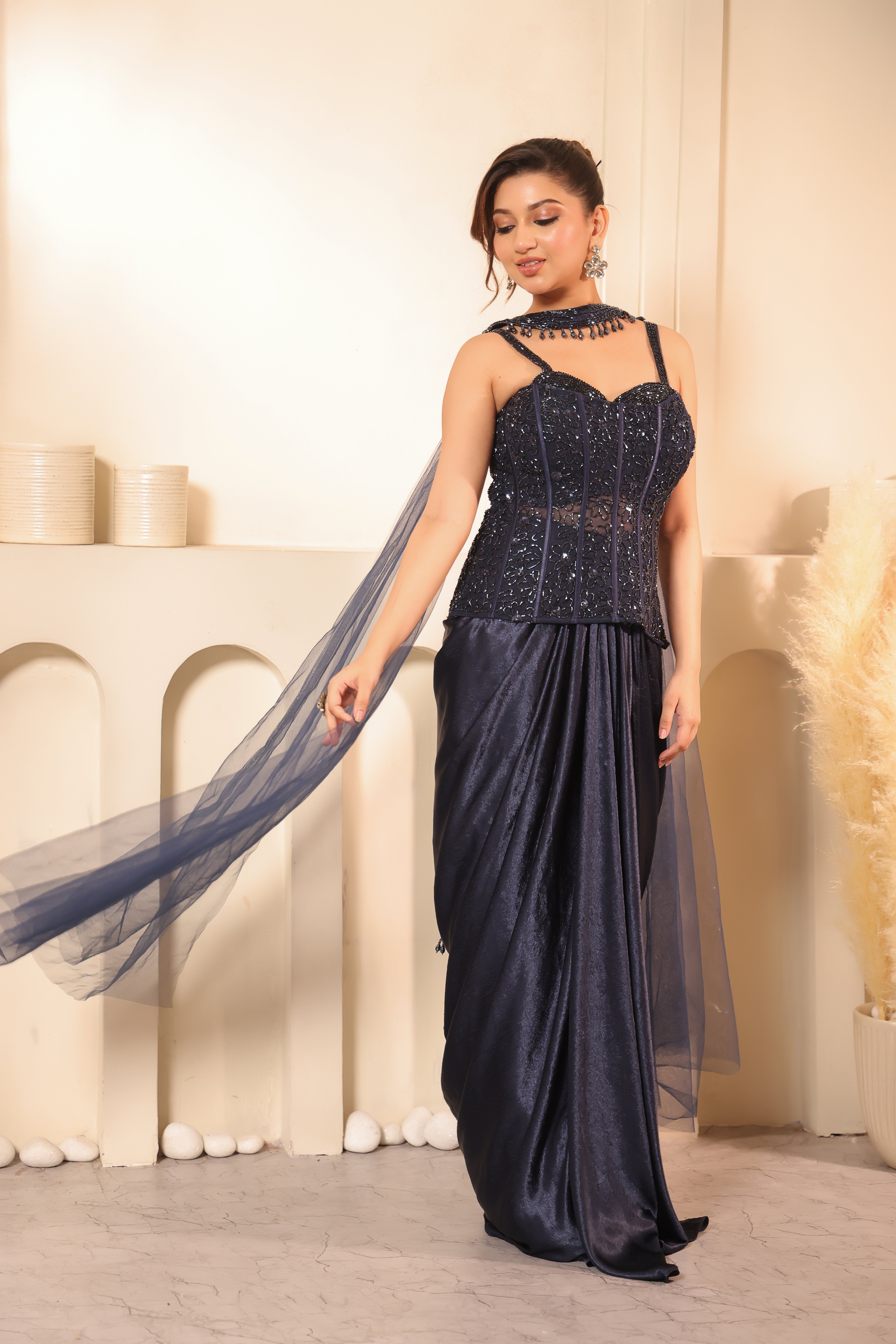 Midnight Navy Crystal Corset Blouse & Lehenga Set