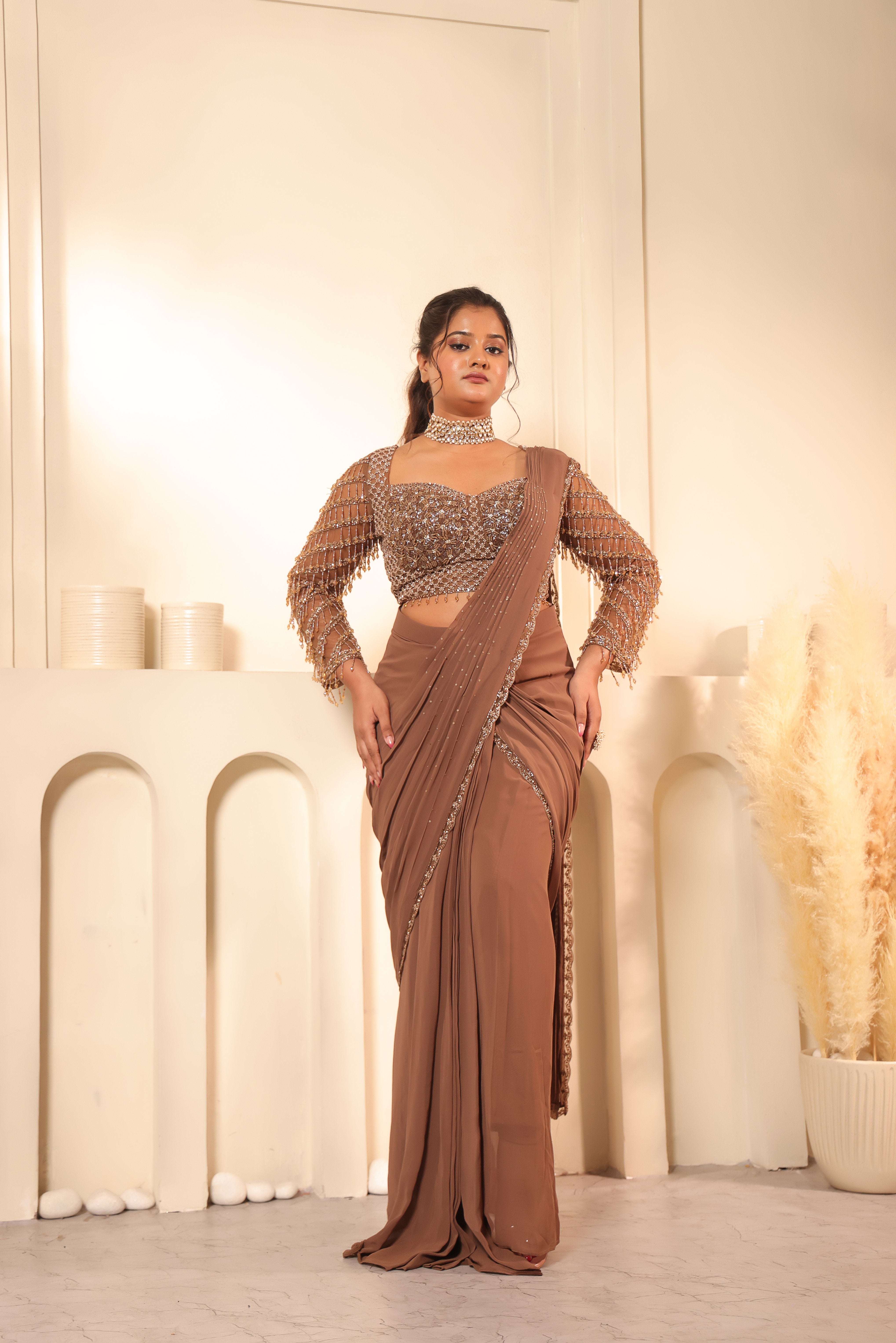 Cocoa Brown Crystal Fringe Sleeve Saree Set