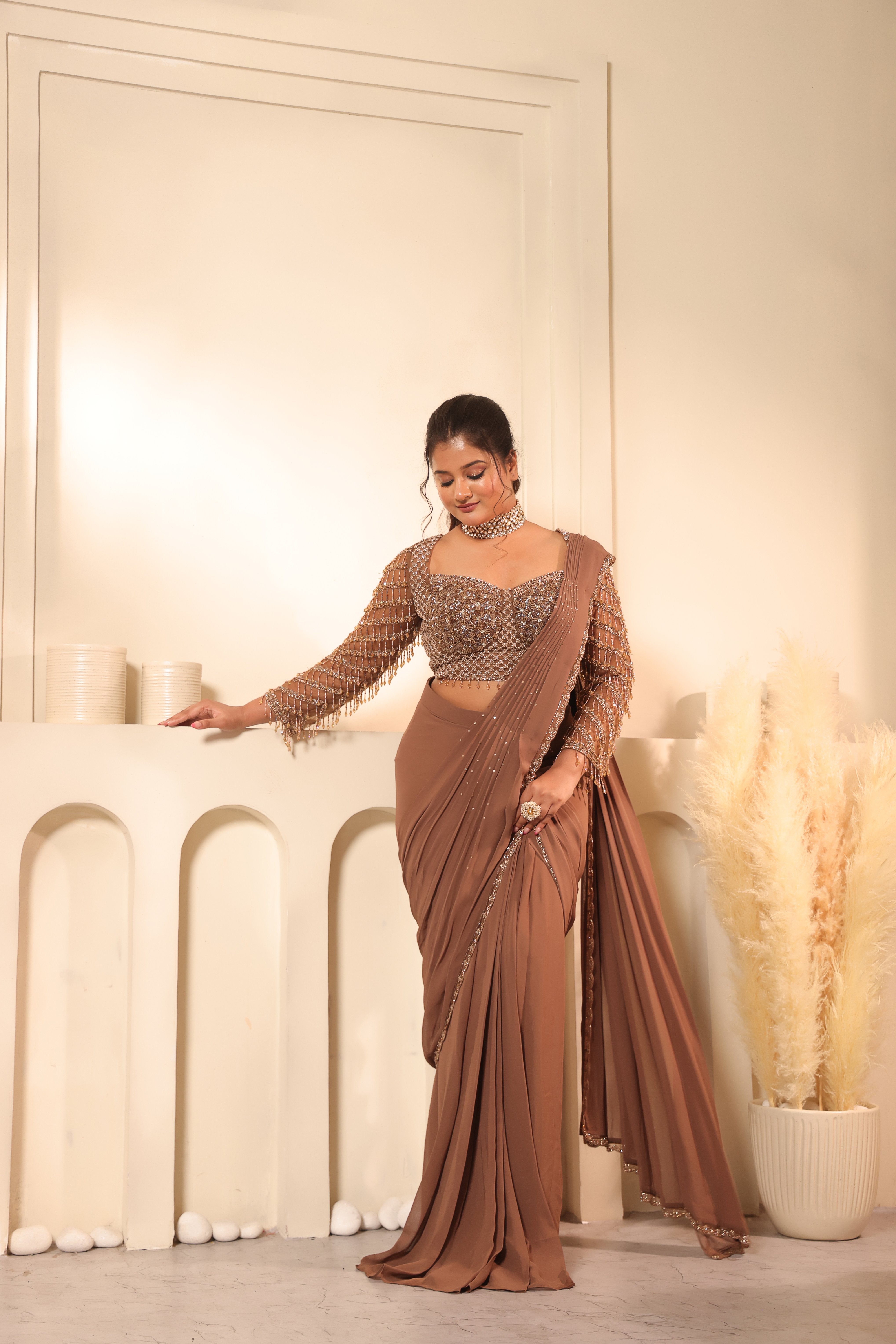 Cocoa Brown Crystal Fringe Sleeve Saree Set