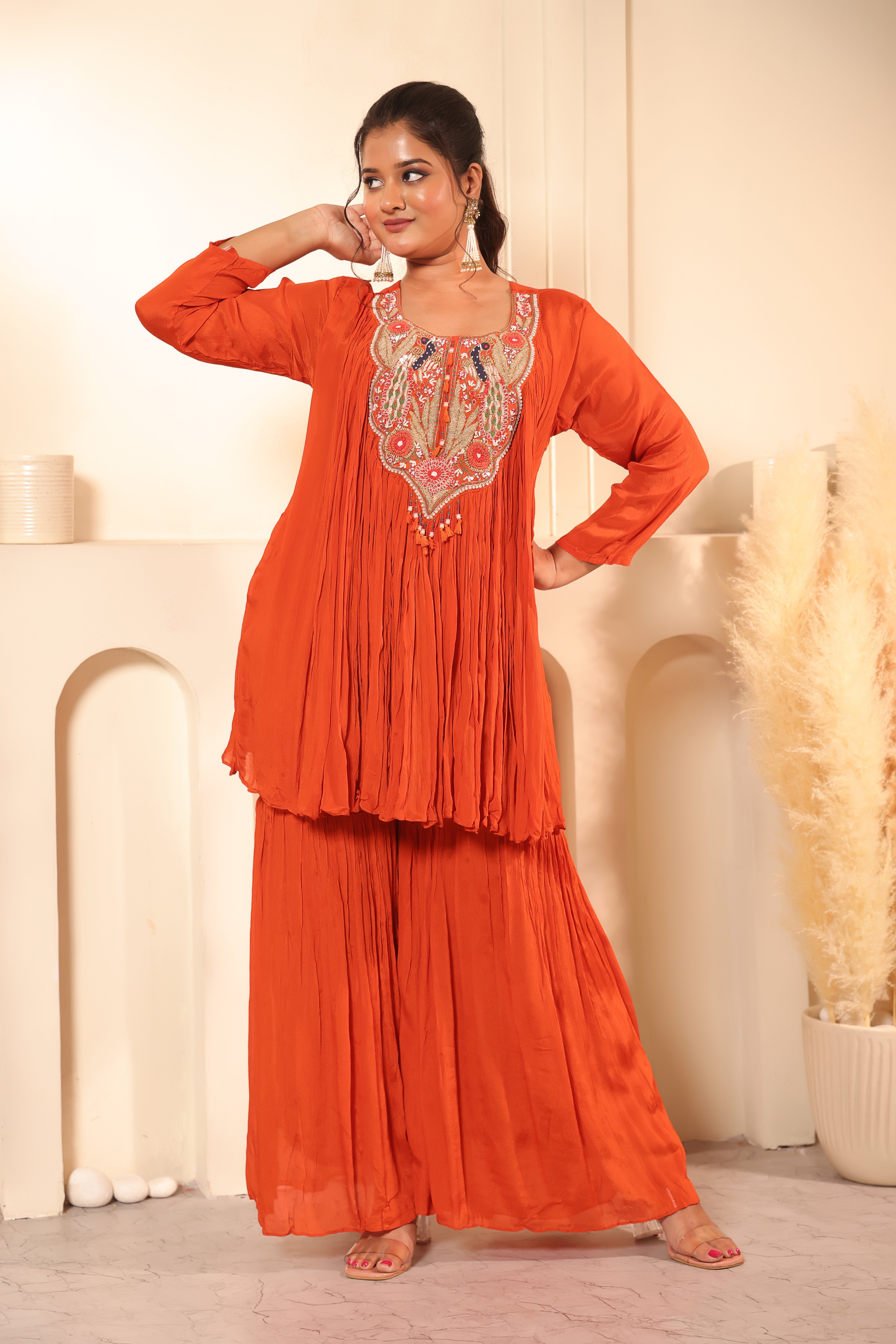 Embroidered Neck Crushed Georgette Kurta Sharara Set