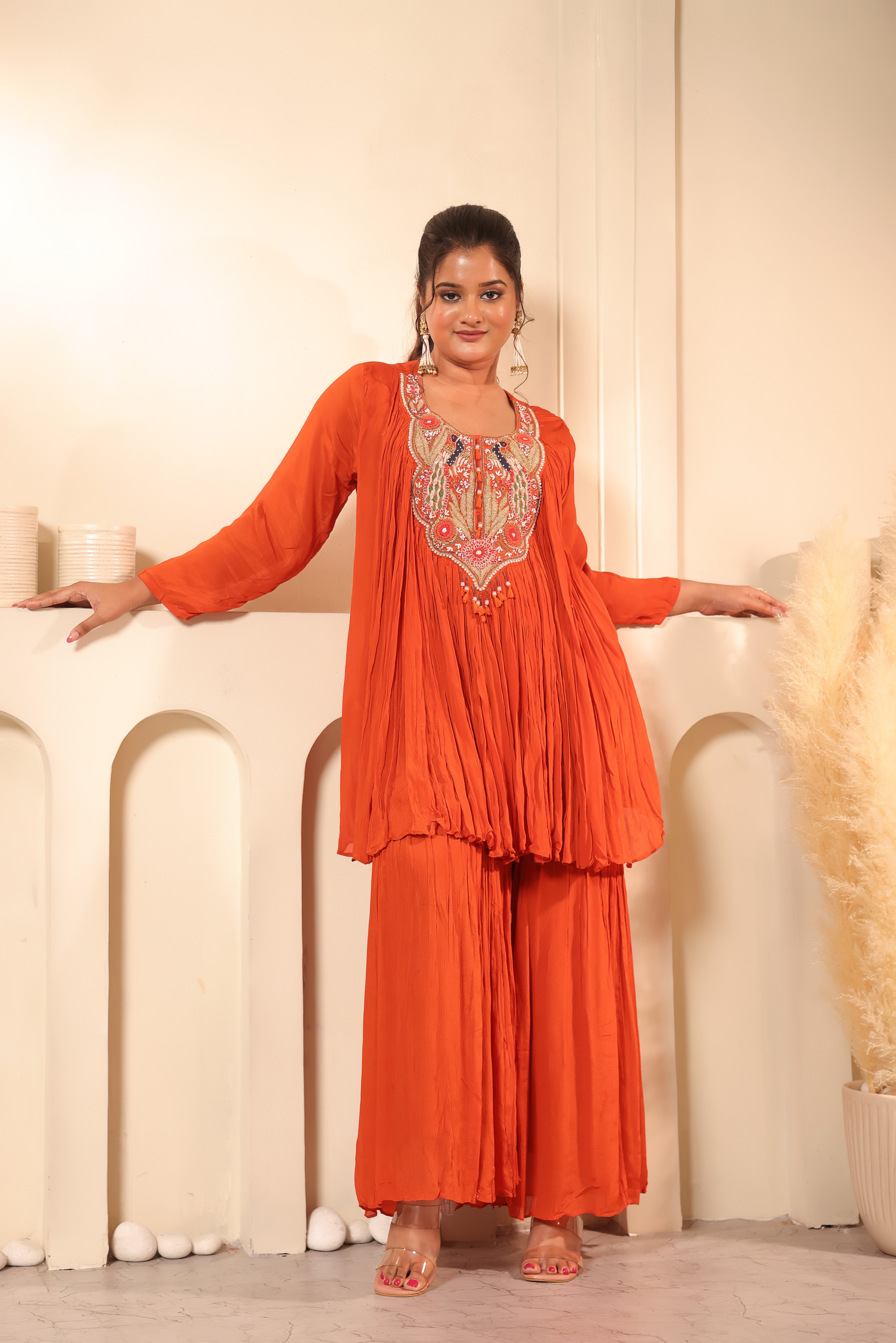 Embroidered Neck Crushed Georgette Kurta Sharara Set