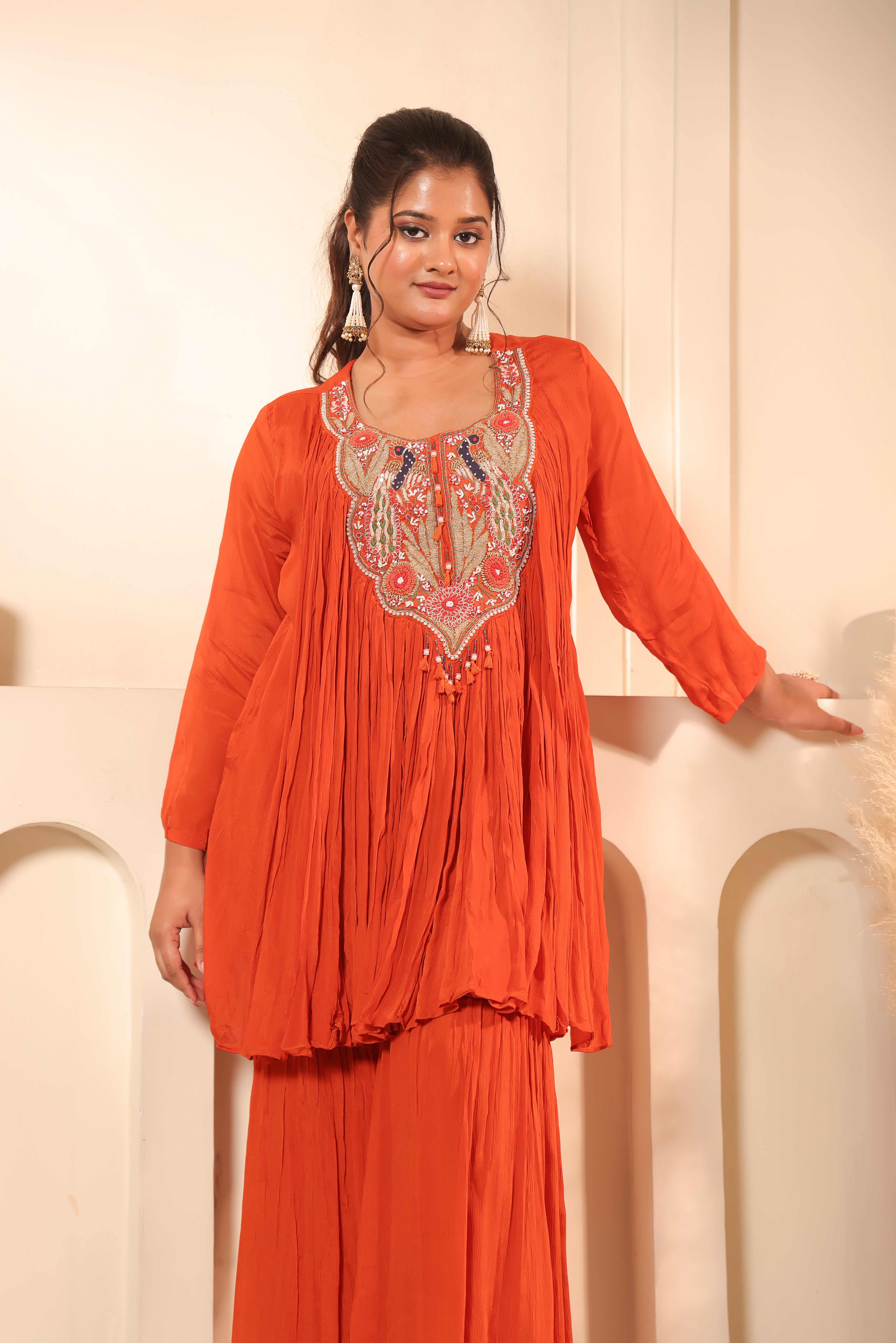 Embroidered Neck Crushed Georgette Kurta Sharara Set
