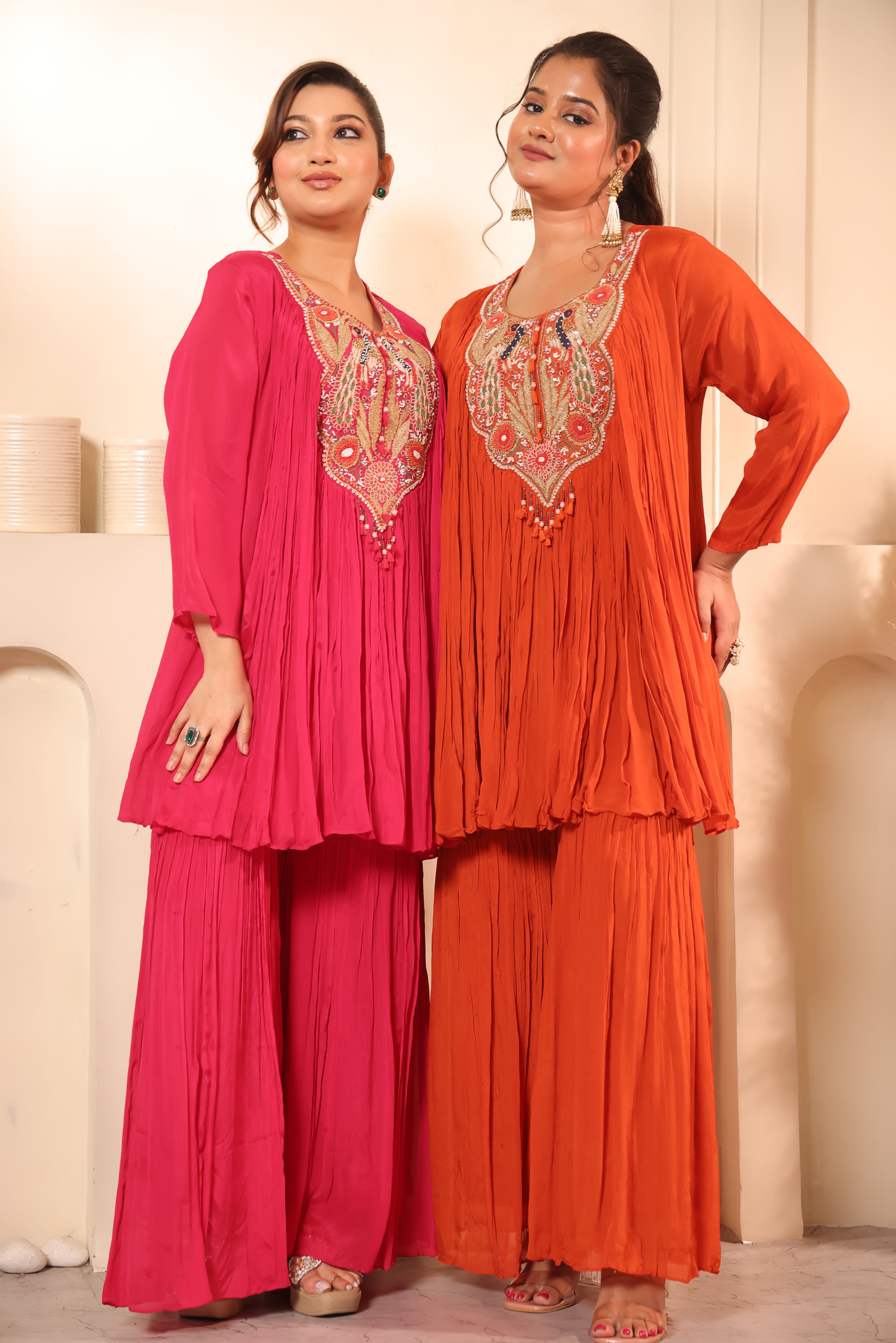 Embroidered Neck Crushed Georgette Kurta Sharara Set