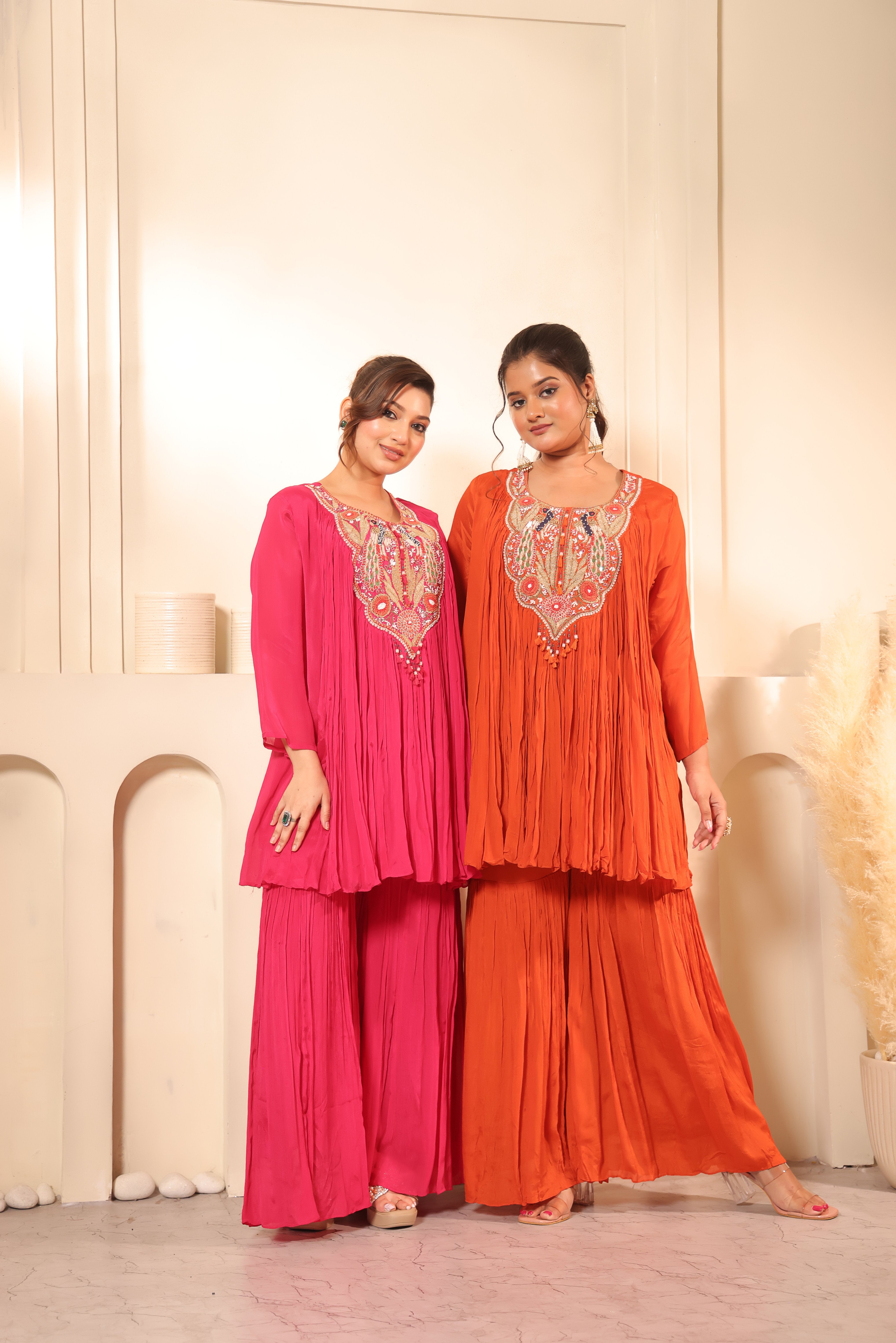 Embroidered Neck Crushed Georgette Kurta Sharara Set
