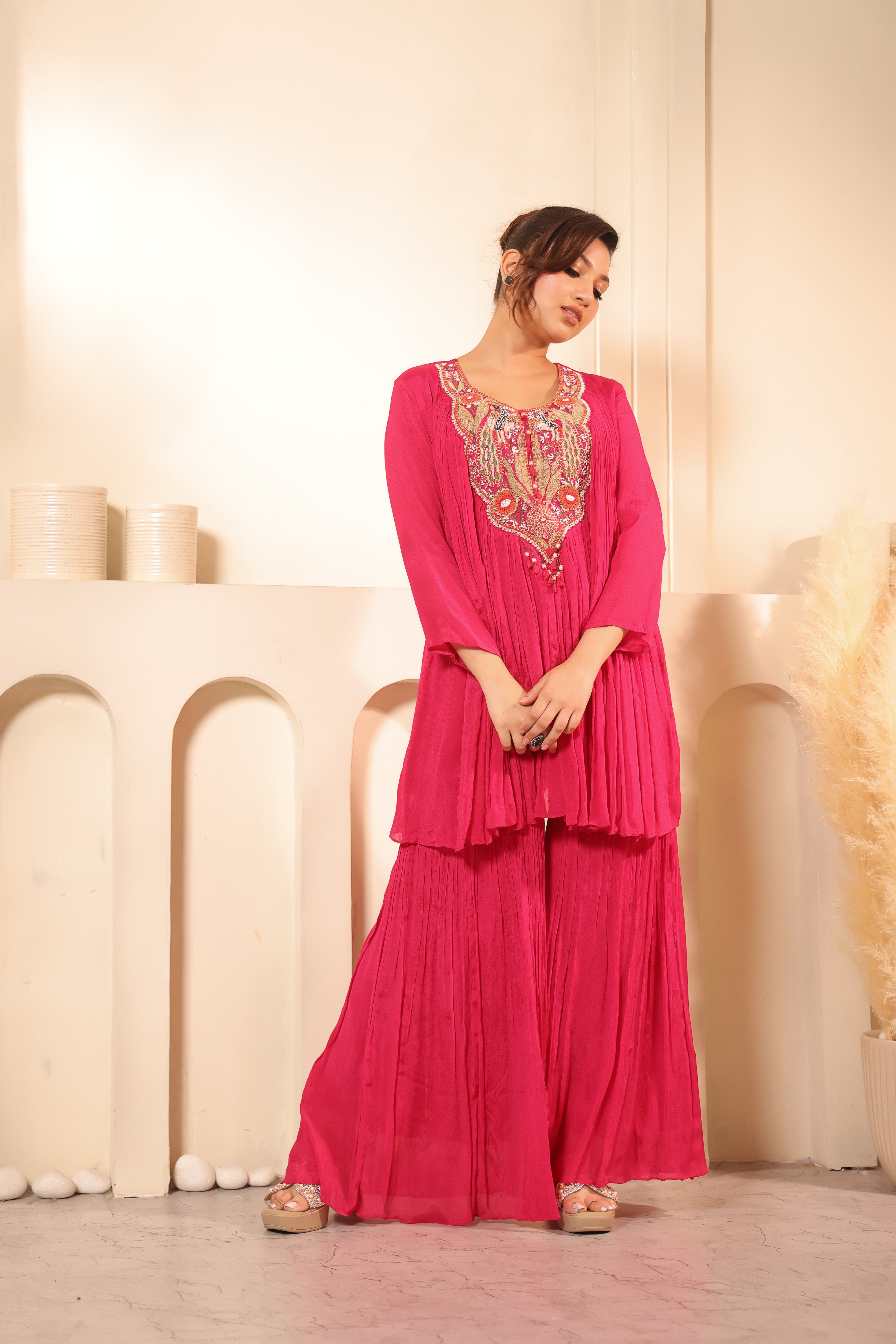 Embroidered Neck Crushed Georgette Kurta Sharara Set