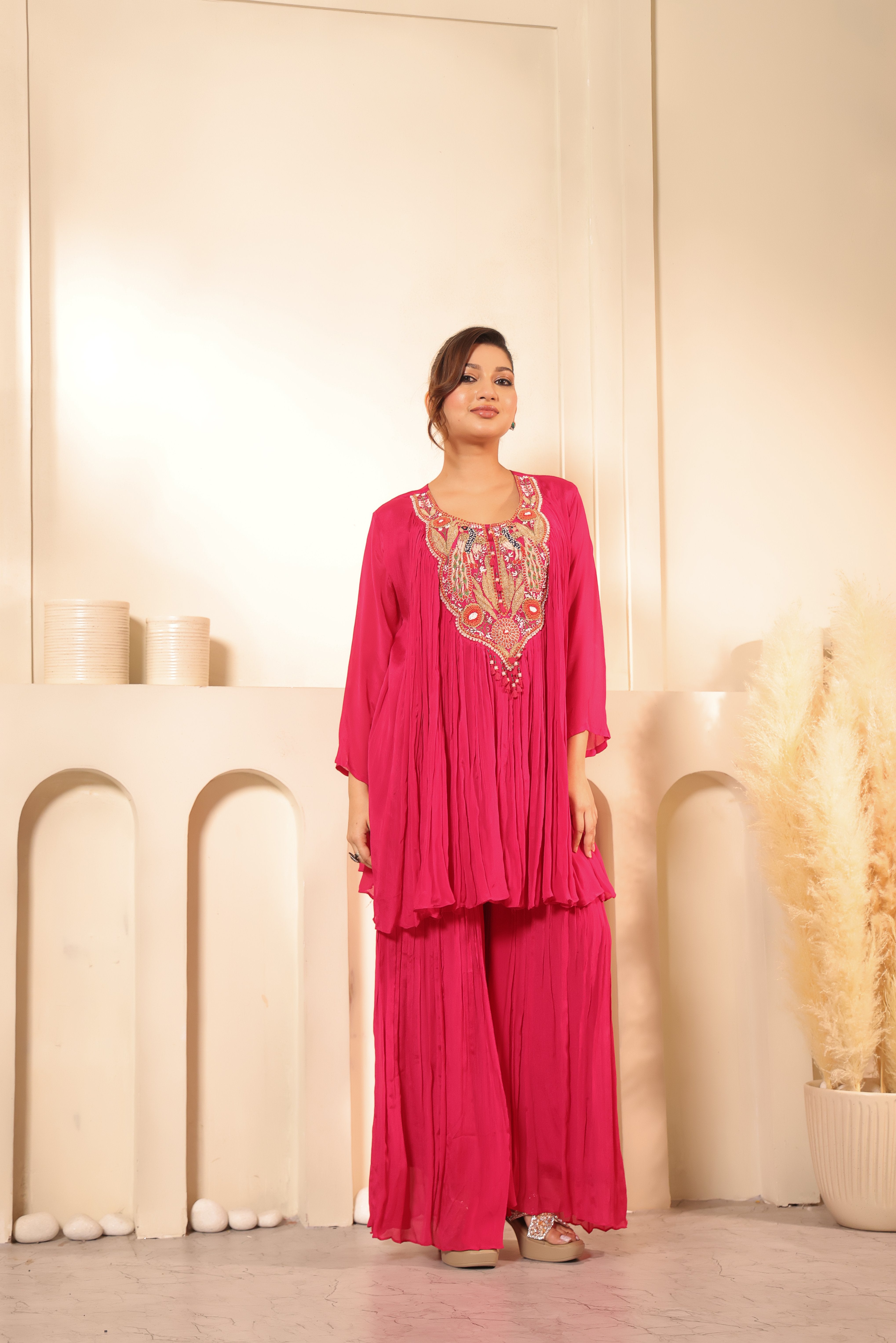 Embroidered Neck Crushed Georgette Kurta Sharara Set